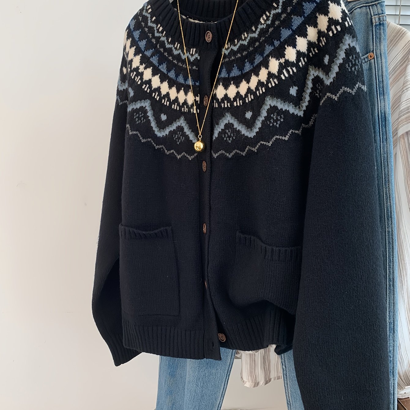 TEMU Fair Isle Cardigan Sweater With Nordic Pattern | Vintage Crew Neck, Ideal For Christmas & New Year Celebrations