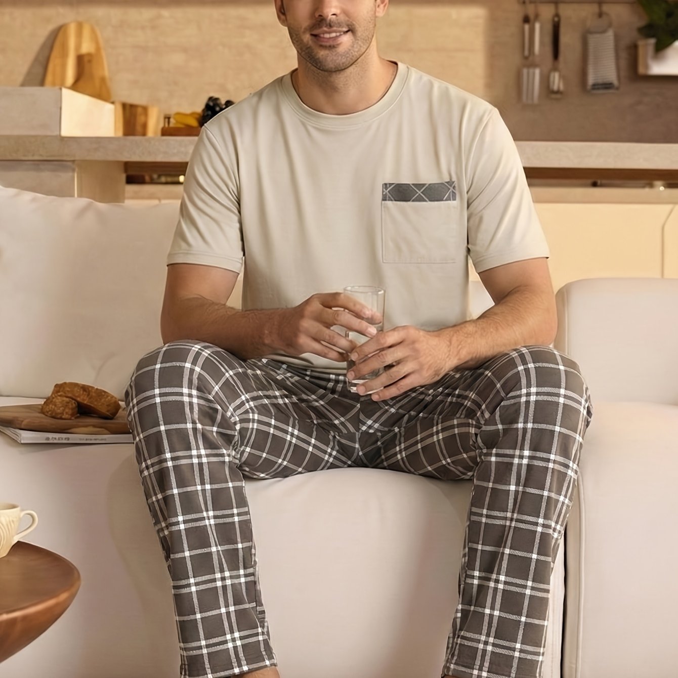 TEMU 2pcs Men's Pajama Set With Short-sleeved Top And Long Pants, Simple British-style Loungewear For Spring, Autumn, And Summer