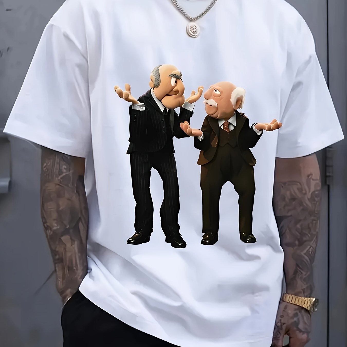 TEMU Men's & Waldorf 'puppet Show' For Daily Commuting - Premium , Machine Washable, Casual Round Neck Style For All Year Round, Plus Size