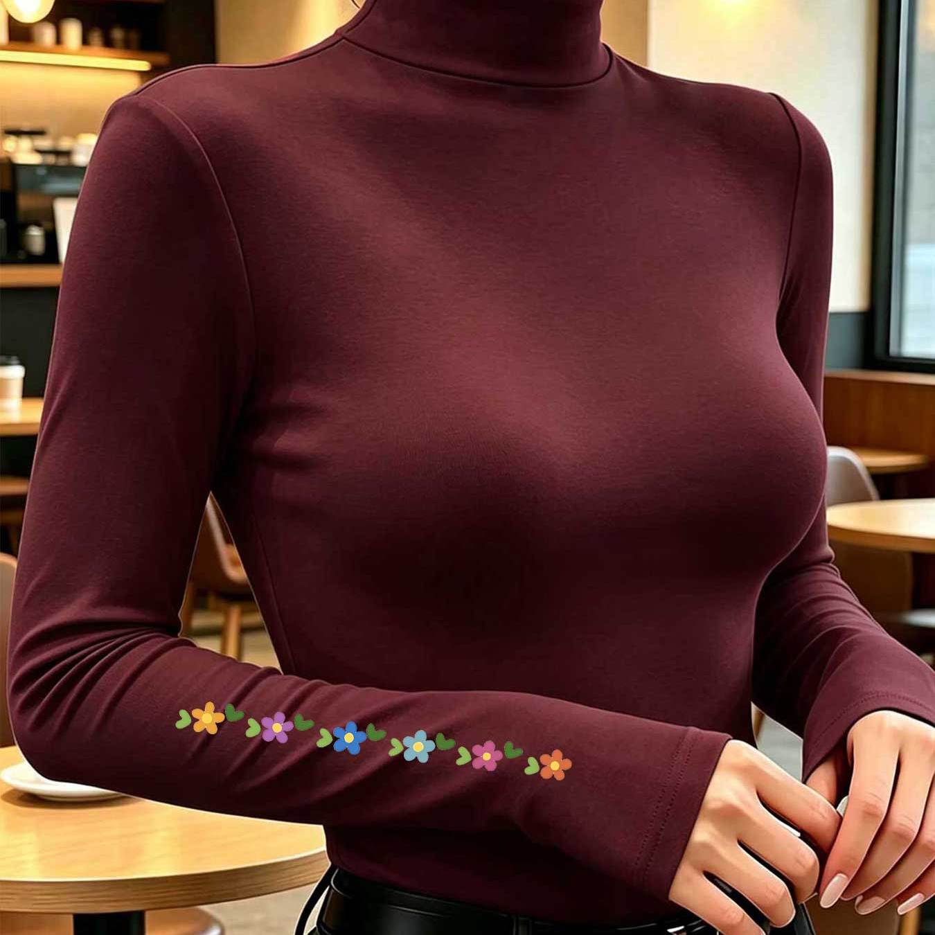 TEMU Women' And Trendy Warm Long-sleeve Half-turtleneck Base Layer Top, Popular Trendy Small Floral Print Pattern, /autumn/winter Casual And Stylish