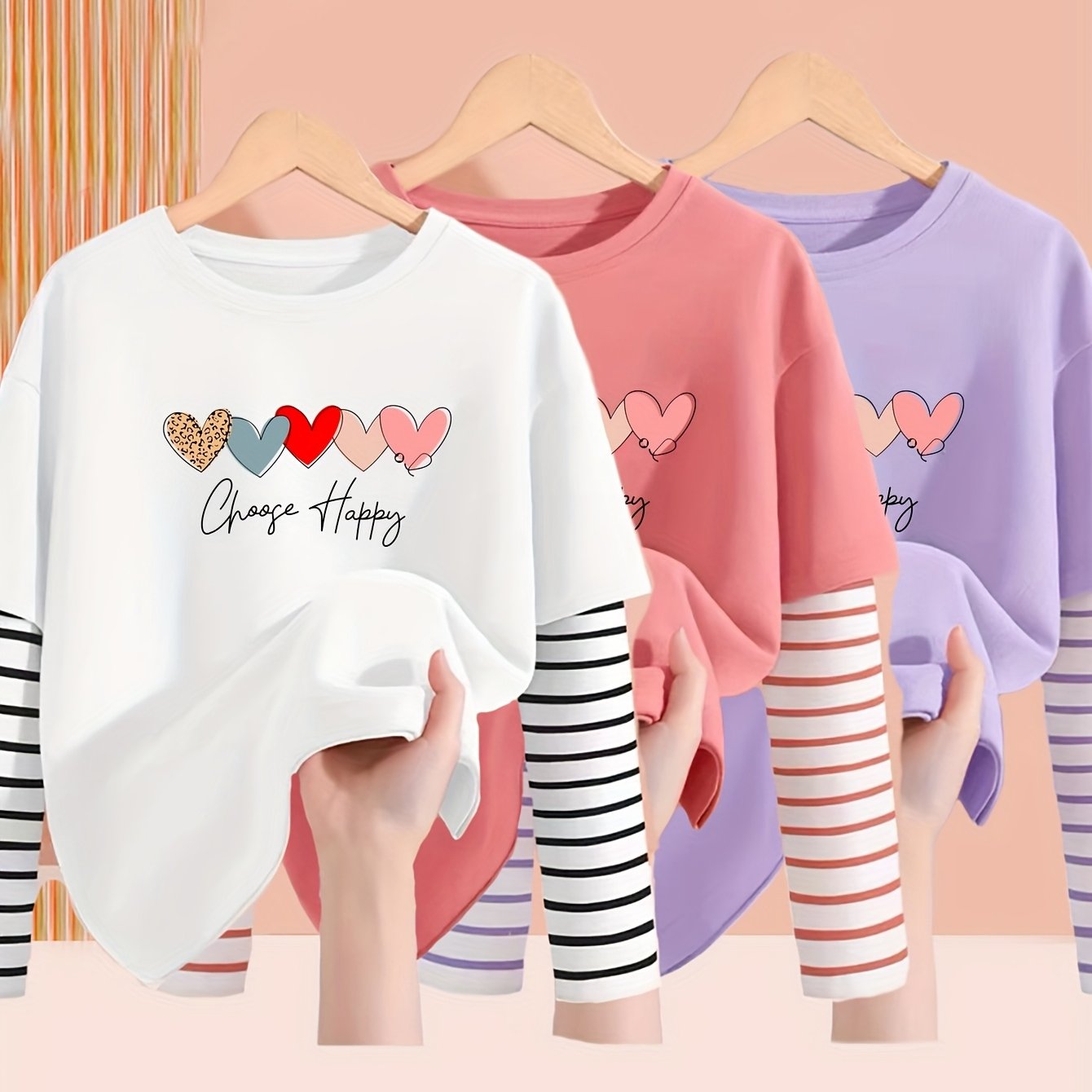 Image of 3pcs Set Girls' Long Sleeve T-shirt, Striped Top, Fake 2pcs Set, Suitable For Spring Summer Autumn Wear