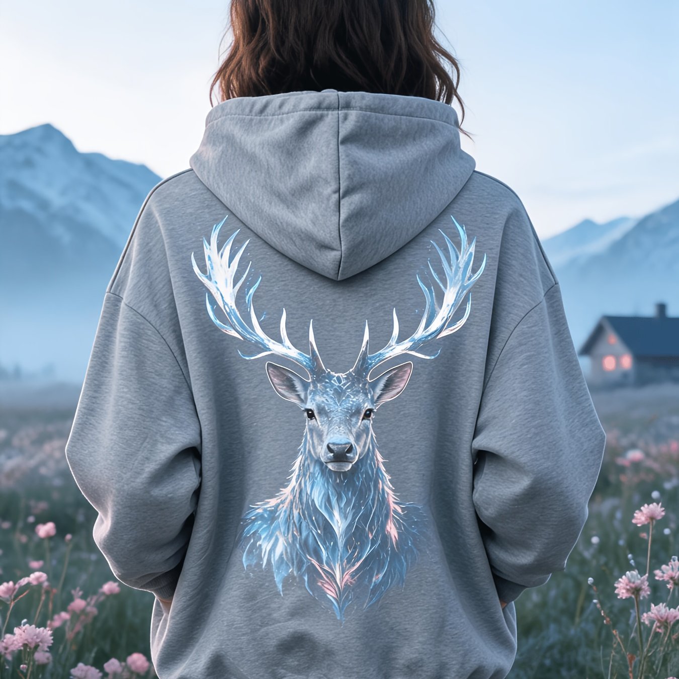 Image of Unisex Oversized Y2k Magical Glow Stag Hoodie - Graphic Sweatshirt, Hooded Pullover With Deer Print, Machine Washable , Streetwear Suitable For Autumn/winter, Gray