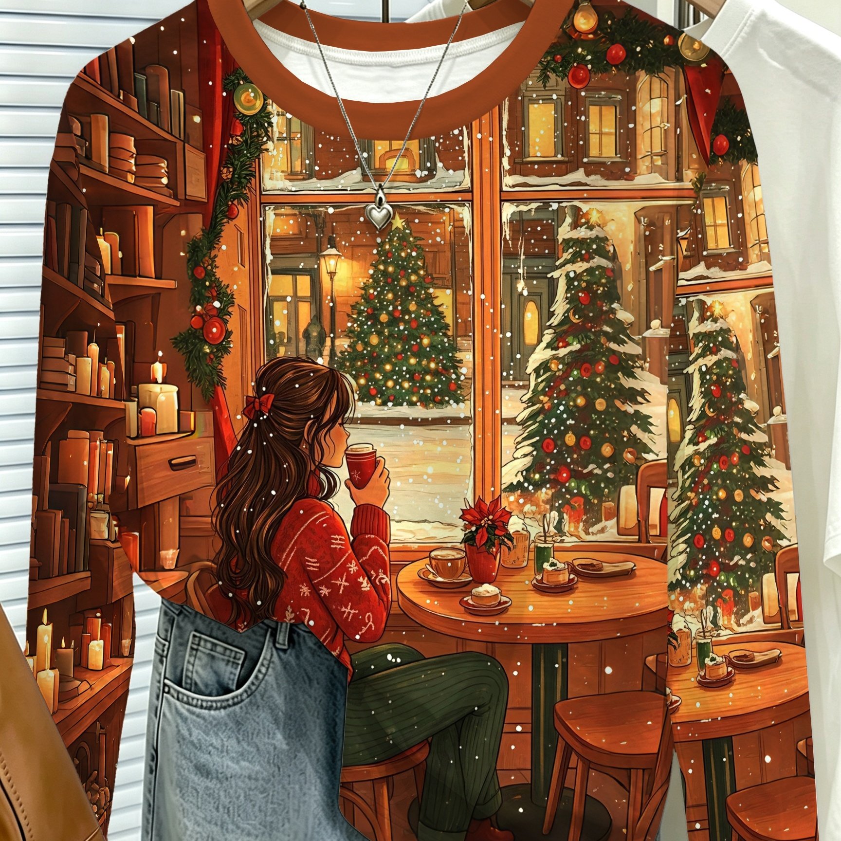 TEMU Women's Crew Neck Long Sleeve T-shirt With Festive Figure Christmas-themed Print, Full Of Holiday Atmosphere. Suitable For Holiday Parties And