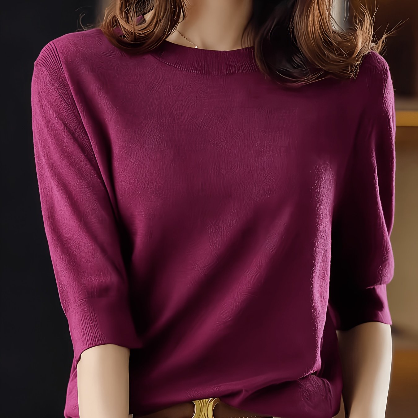 TEMU Fine Round Neck Mid-sleeve Sweater Women's Spring Autumn Elegant Top Short Sleeve Base Layer