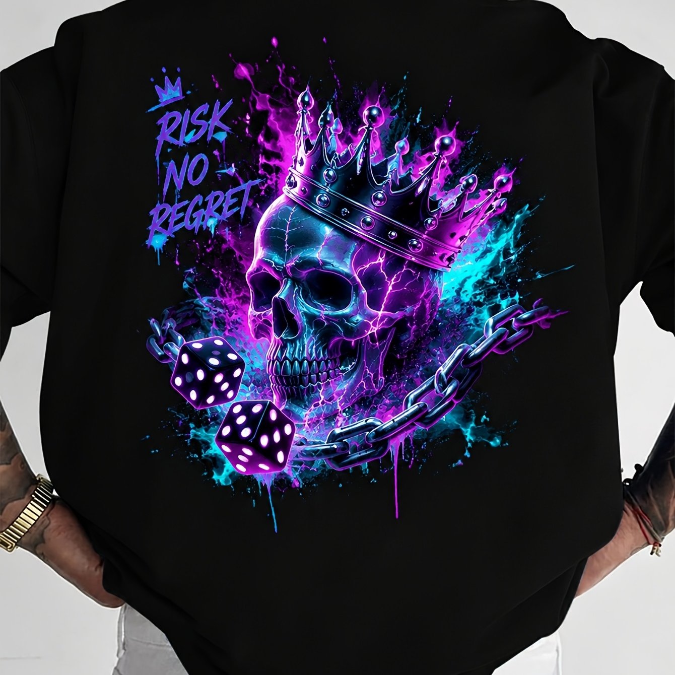 Image of Men's Neon Skull With Crown And Dice Graphic T-shirt, Chain Print Streetwear Style Casual Tee For Daily Wear And Night Out, Plus Size