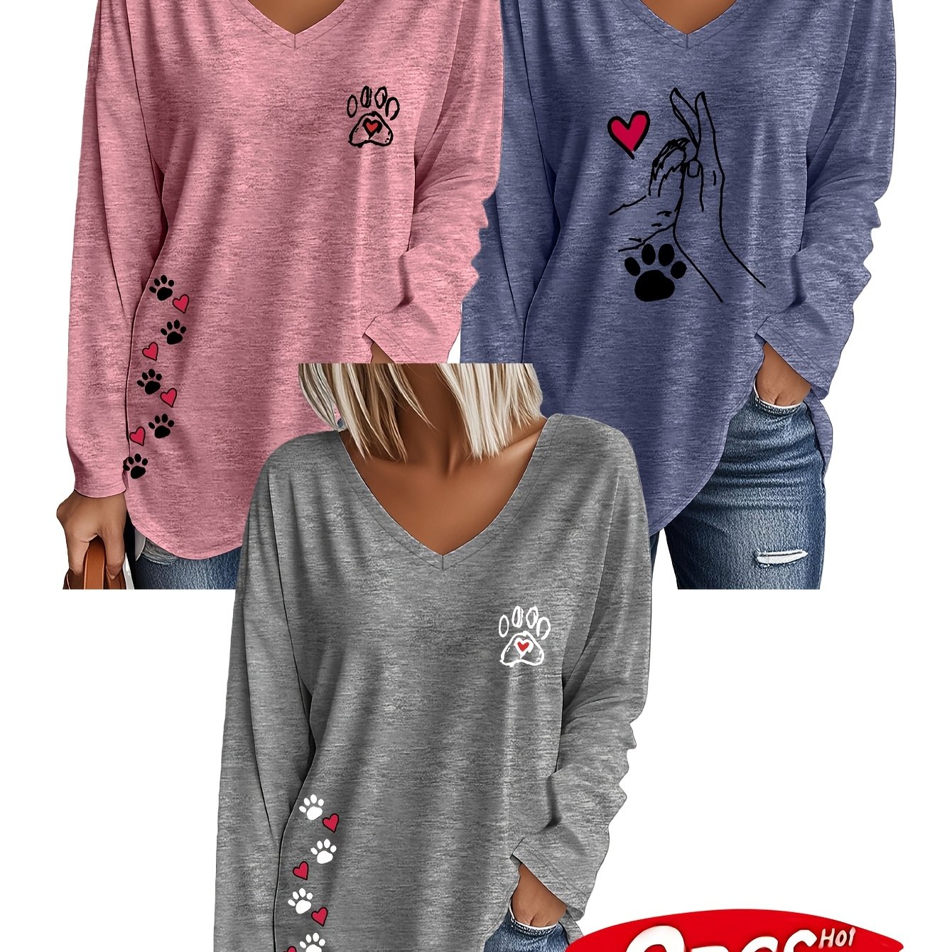 TEMU Plus Size - Women's V-neck Short Sleeve T-shirt 3pcs Set Oversized Fall Winter Cat Paw Human Print Style Loose Plus Size Top Daily Dog Walking