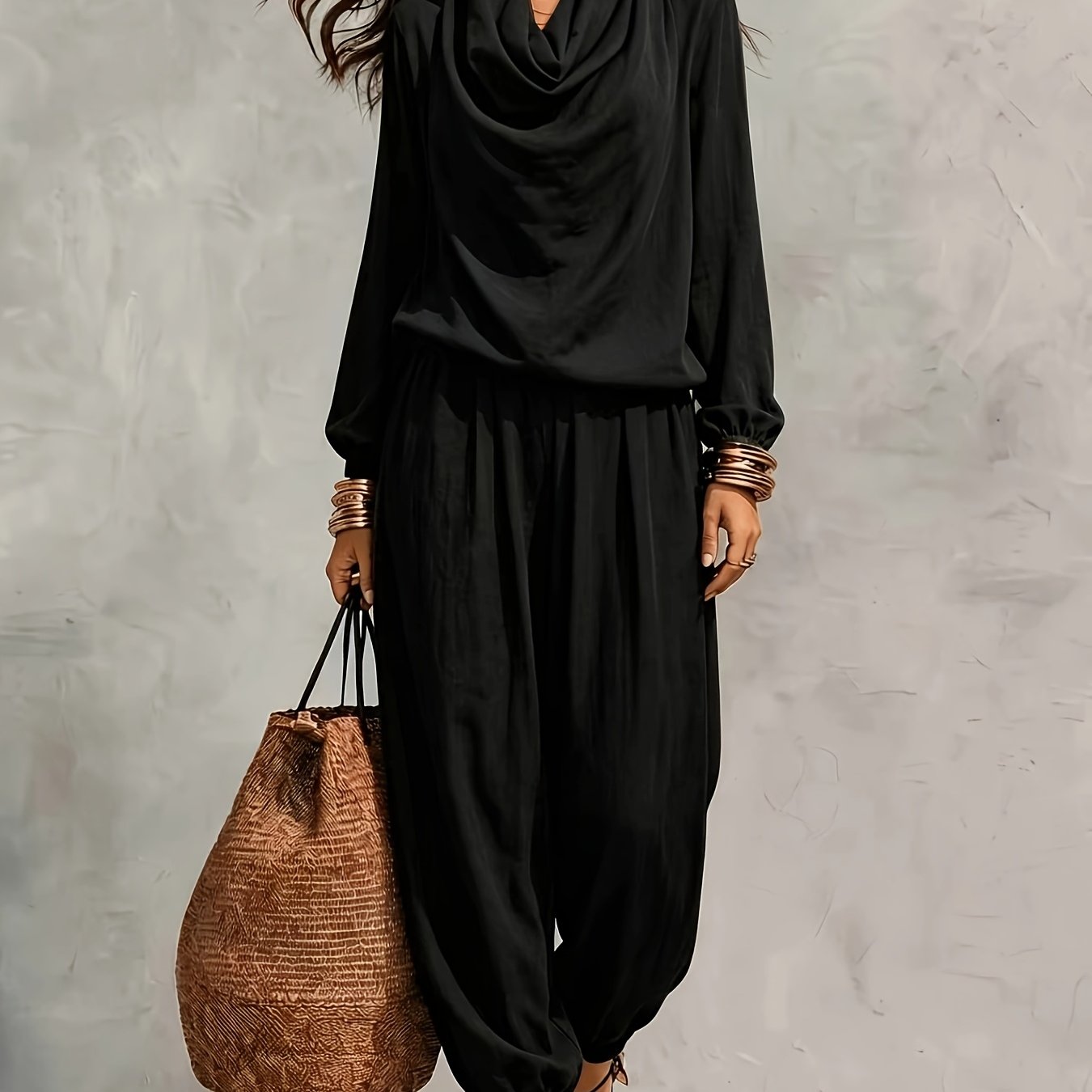 TEMU Minimalist High-end Style Loose Collar Long-sleeve Top With High-waist Elastic Bell-bottom Pants 2pcs Set For Women, Lazy Drape Loose Fit,