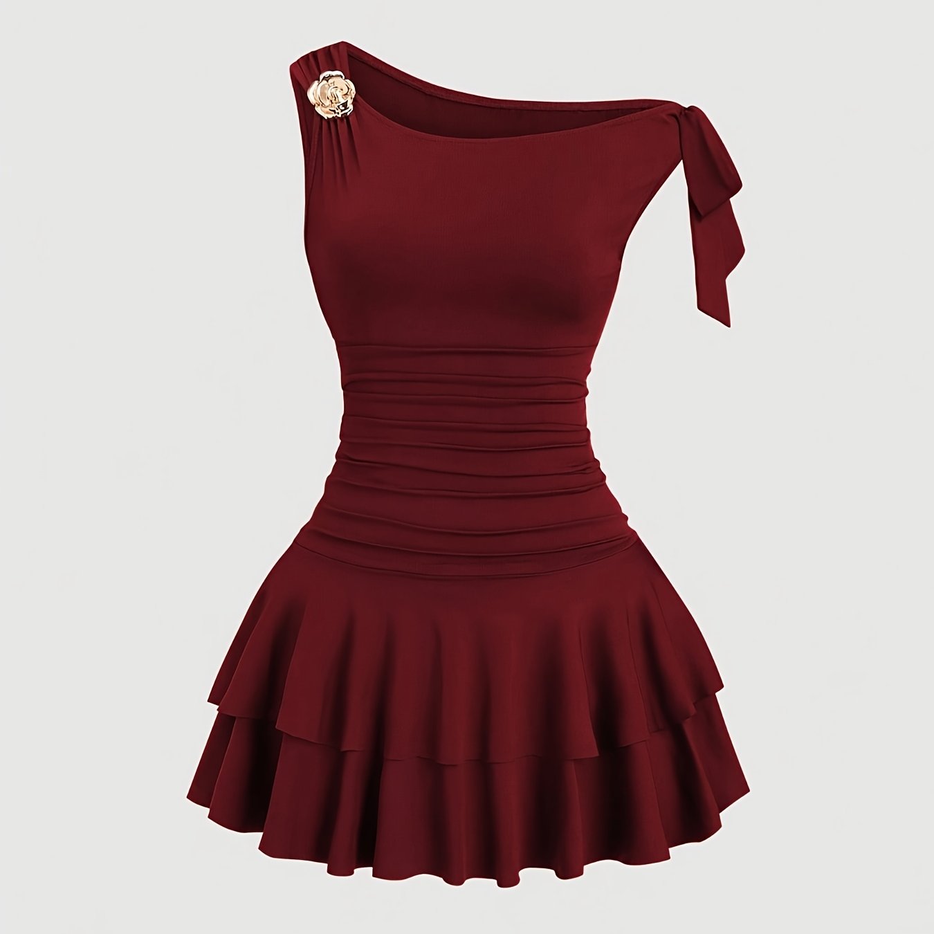 TEMU Women's Metal Flower Decoration Pleated Shoulder Pleated Hem Fashion Dress
