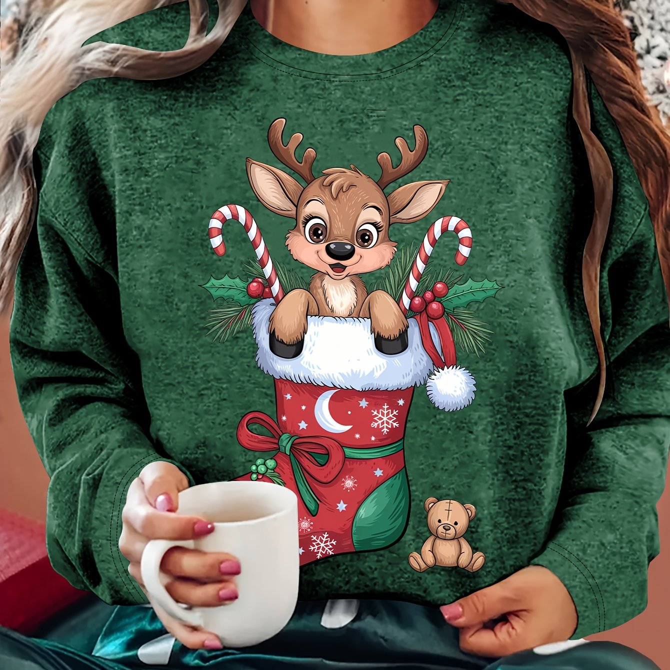 TEMU Ladies' Christmas Outfit: Autumn Women's Clothing Featuring A Round-neck Long-sleeve T-shirt With A Reindeer And Candy Cane Print. Comfortable,