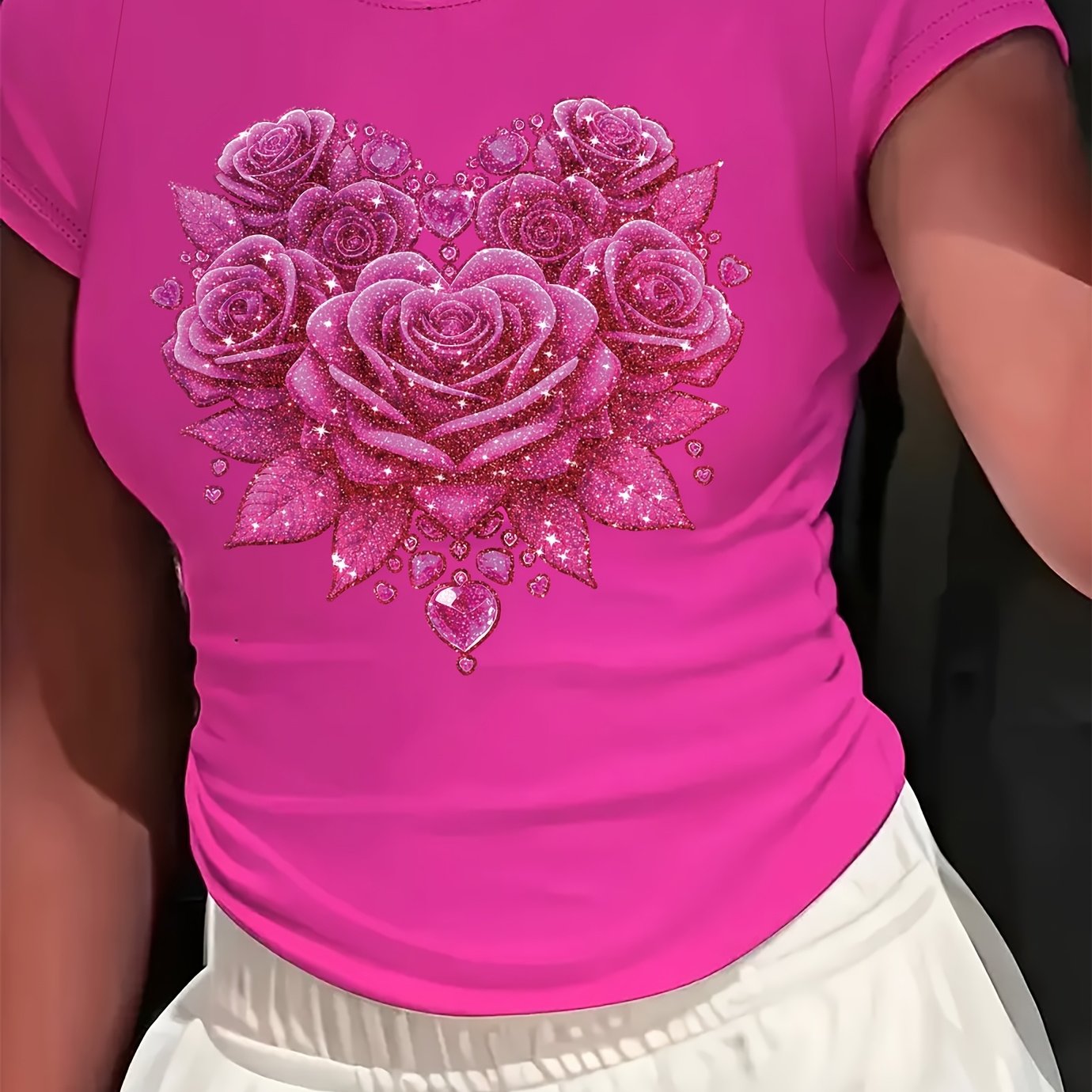 Image of Women's Floral Heart Rose Print T-shirt, Casual Crew Neck Short Sleeve Top, Polyester Knit Fabric, , 210g/m² - Pink