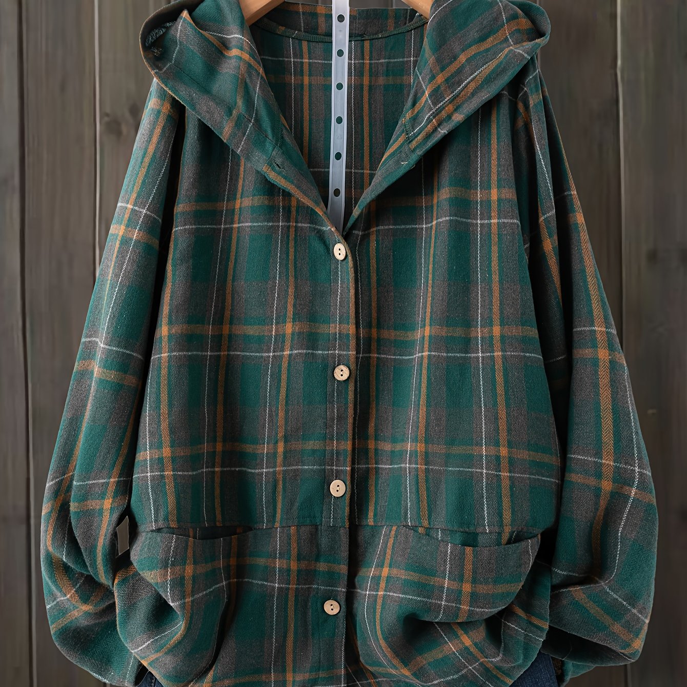 TEMU Plus Size - Plus Size - Plus-size Women's Stylish Striped Hooded Coat Featuring Pockets, A Tie, And Button Design
