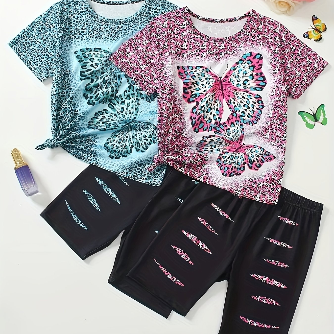 TEMU Set Of 4 Girls' Outfits For Spring And Summer Featuring And Leopard Print Short-sleeve Tops With Slim-fit Shorts. Made From A Machine-washable, Clothes Are Wear And Activities, For Outdoor