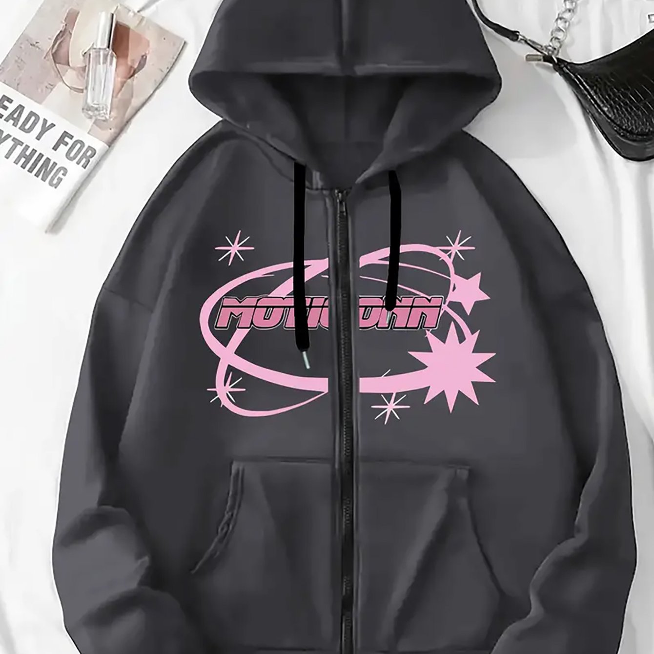 TEMU Style Women's Sweatshirt With Line & Star Element Print, Casual Zip-up Hoodie In Loose Fit, Suitable For Autumn & Winter Wear