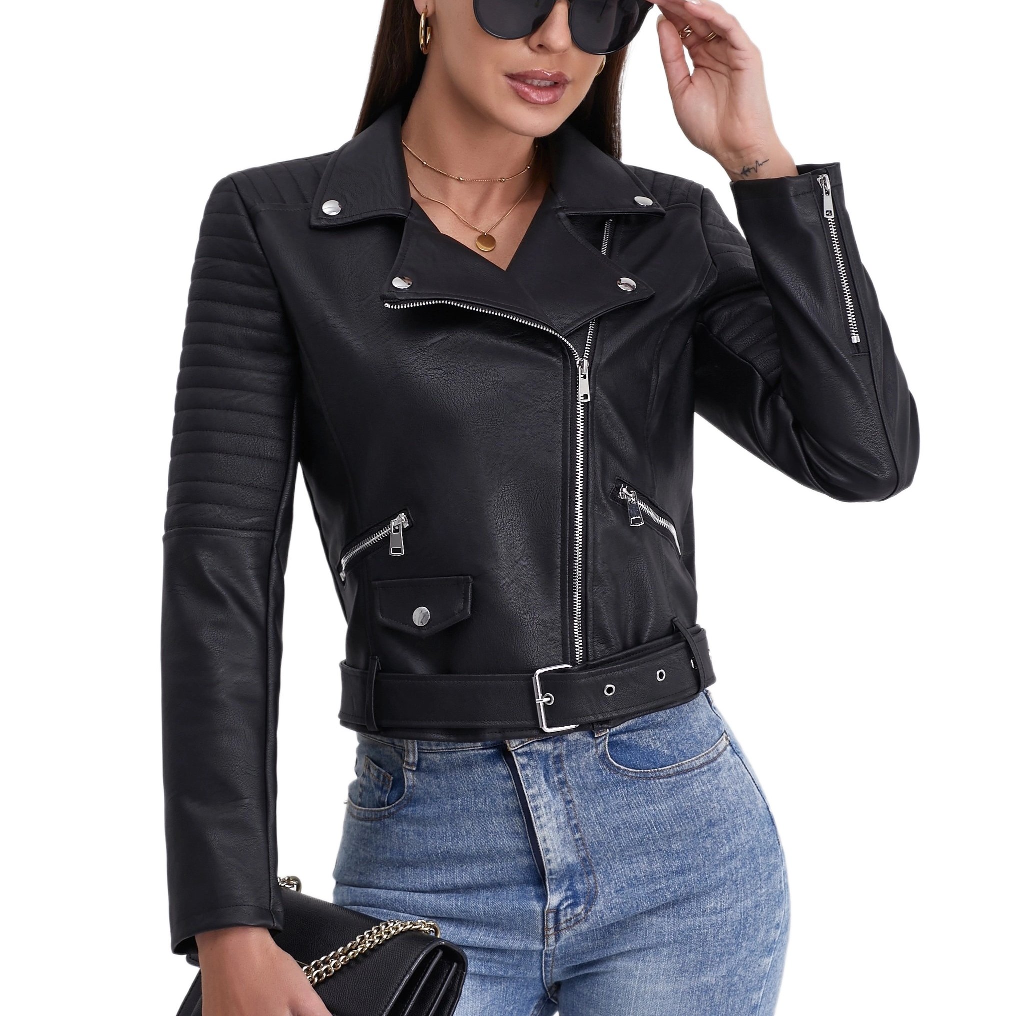 Zipper Solid Pu Jacket Street Wear Long Sleeve Moto Jacket - Temu