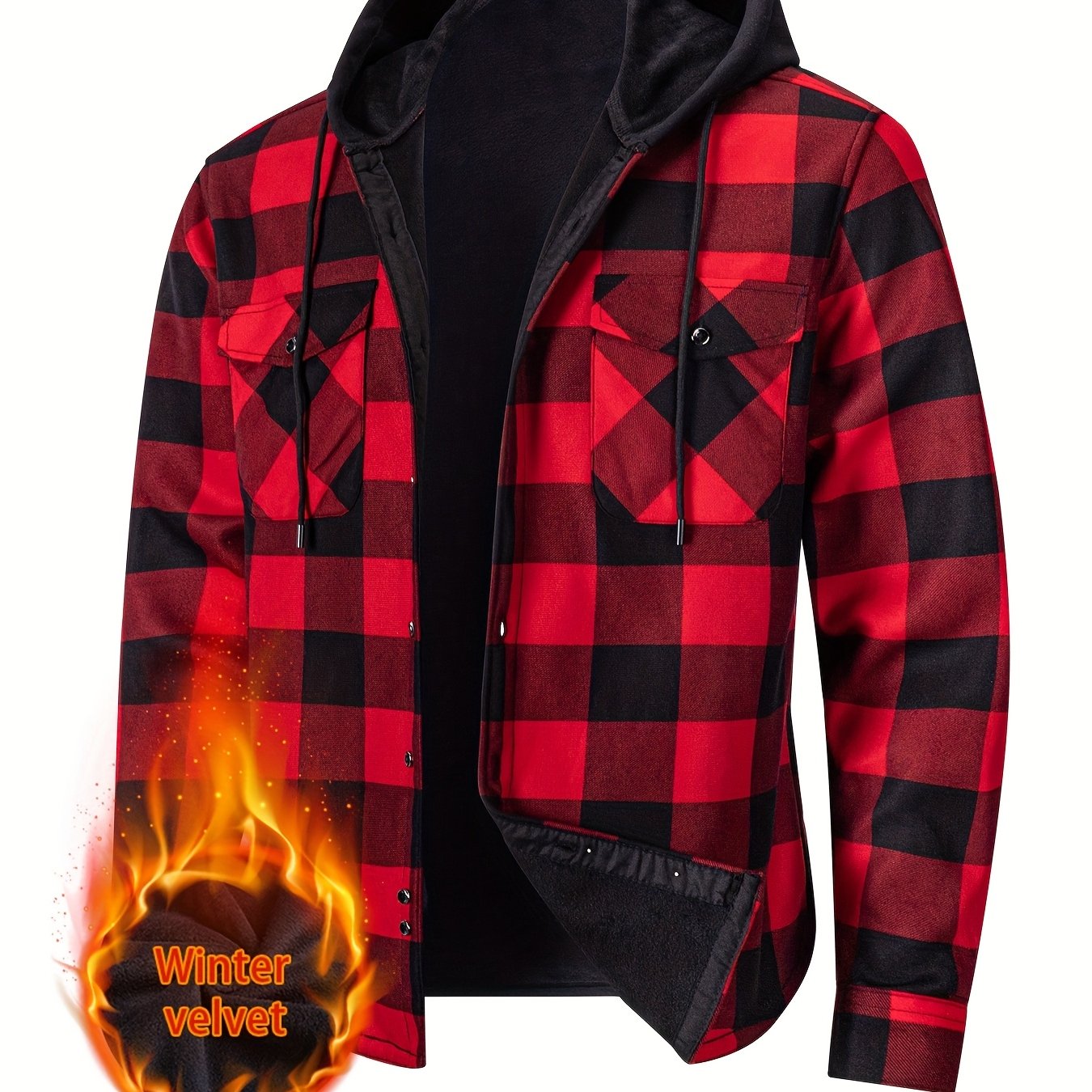 TEMU Winter Men's -lined Hoodie Flannel Fashion Shirt Thickened Hooded Top Outdoor Party Shirt