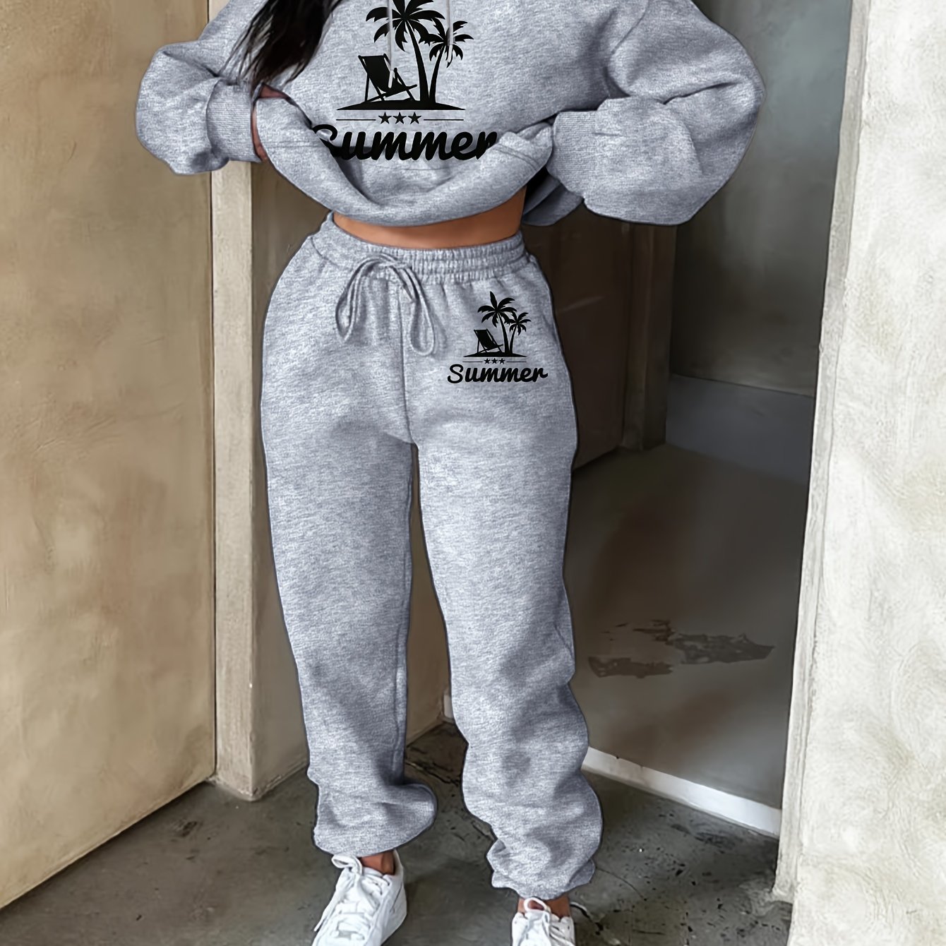 TEMU Women's Fashion Casual Style Printed Hoodie Sweatshirt And Joggers Set