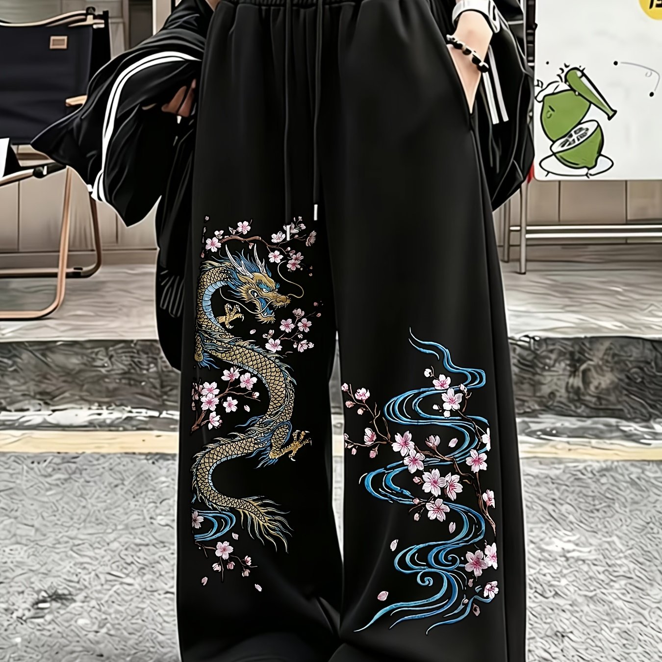 TEMU レディース カジュアル ストリートスタイル ストリートドラゴントーテム＆梅の花プリント スウェットパンツ 巾着付きストレートレッグロングパンツ バンドパンツ