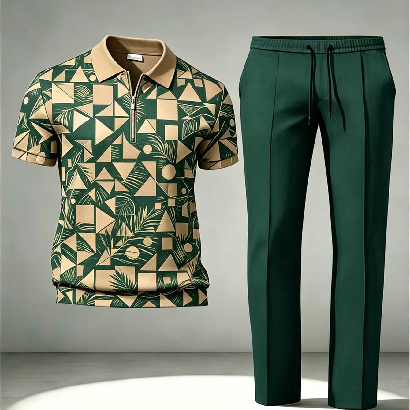 TEMU Ensemble 2 pièces pour adolescent : Sweat-shirt polo décontracté géométrique style tropical avec fermeture éclair et pantalon à cordon de