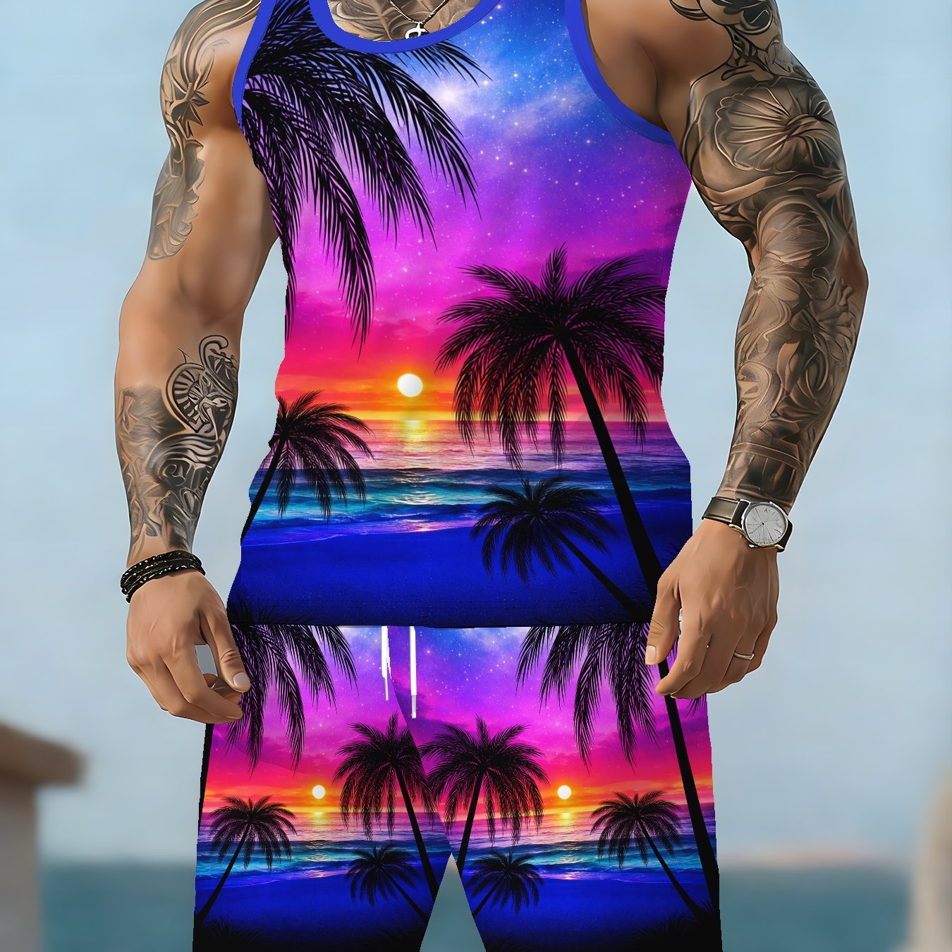 TEMU Men's Streetwear Gym Tank Top And Shorts Set, Printed Sleeveless Vest With Matching Athletic Shorts, Professional Fitness Training Set,