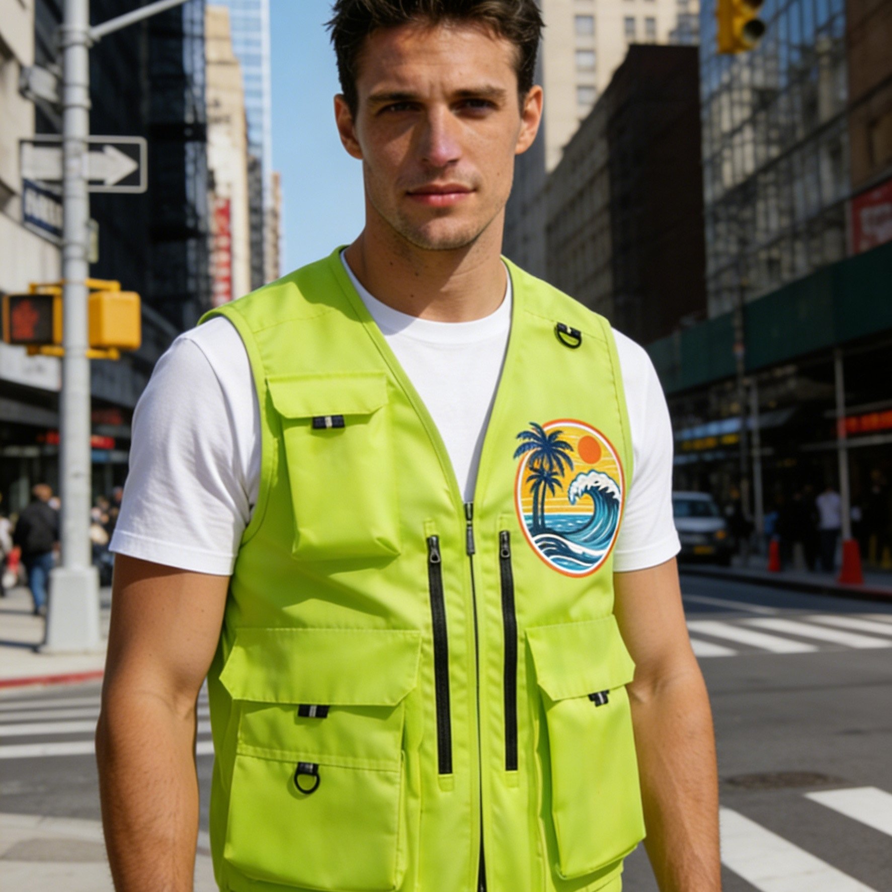 TEMU [island Surfing Print Vest] Plus Size (asian M-5xl), Outdoor Unisex Multi-pocket Cargo Vest, Individual Wave And Coconut Tree Pattern, Neon -up