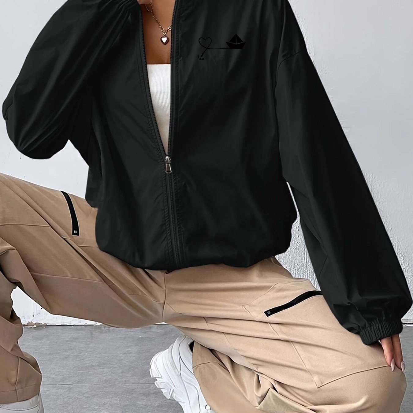 TEMU 1pc Women's Spring Autumn Beautiful Chest Print Heart And Sailboat Pattern Casual Stand Collar Zipper Long Sleeve Quick Dry Drawstring Jacket,