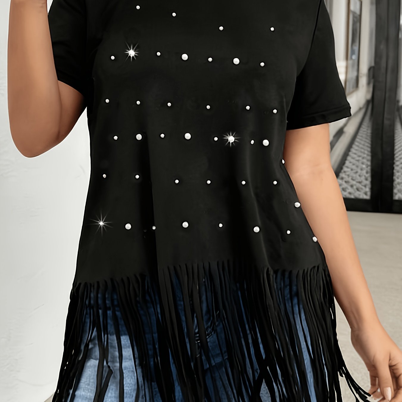 Plus Size, Plus Size Summer Short Sleeve Beaded Top With Fringe Round Neck T-shirt