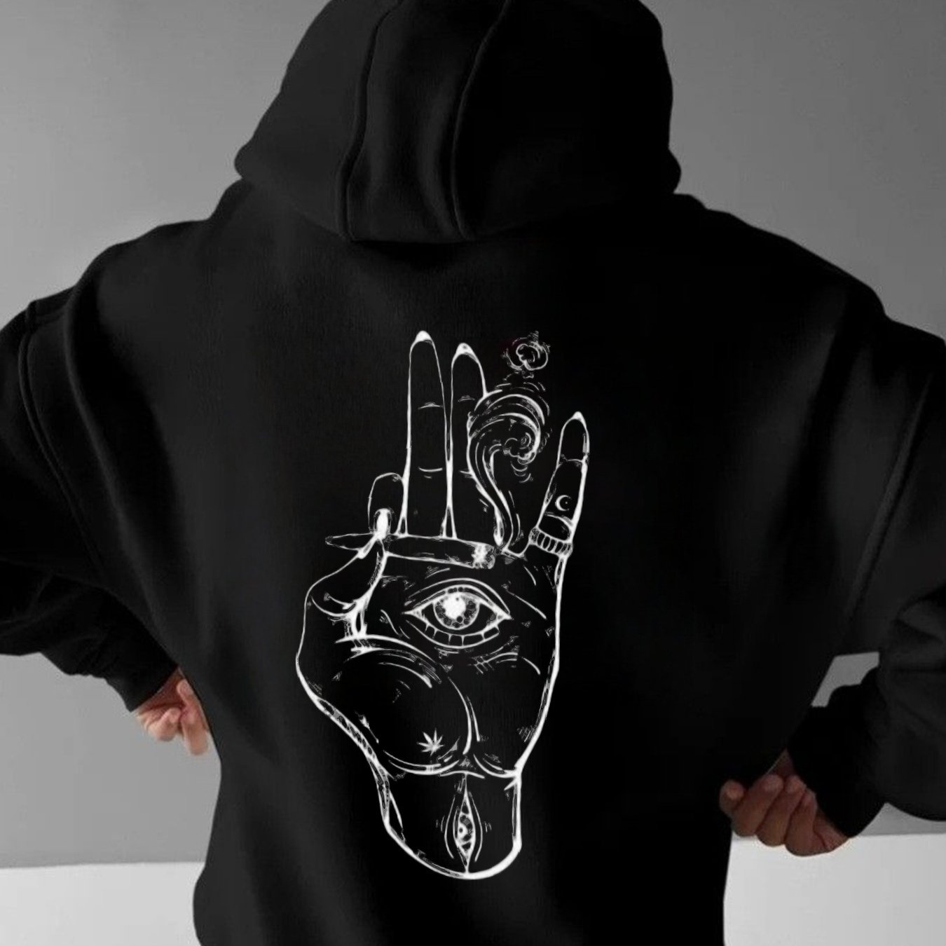 Image of Men's Moto-style Black Hoodie, Featuring A Mystical Eye Hand-drawn Design, Casual Oversized Fit With Soft Lining, Perfect For Fall/winter Streetwear Trends