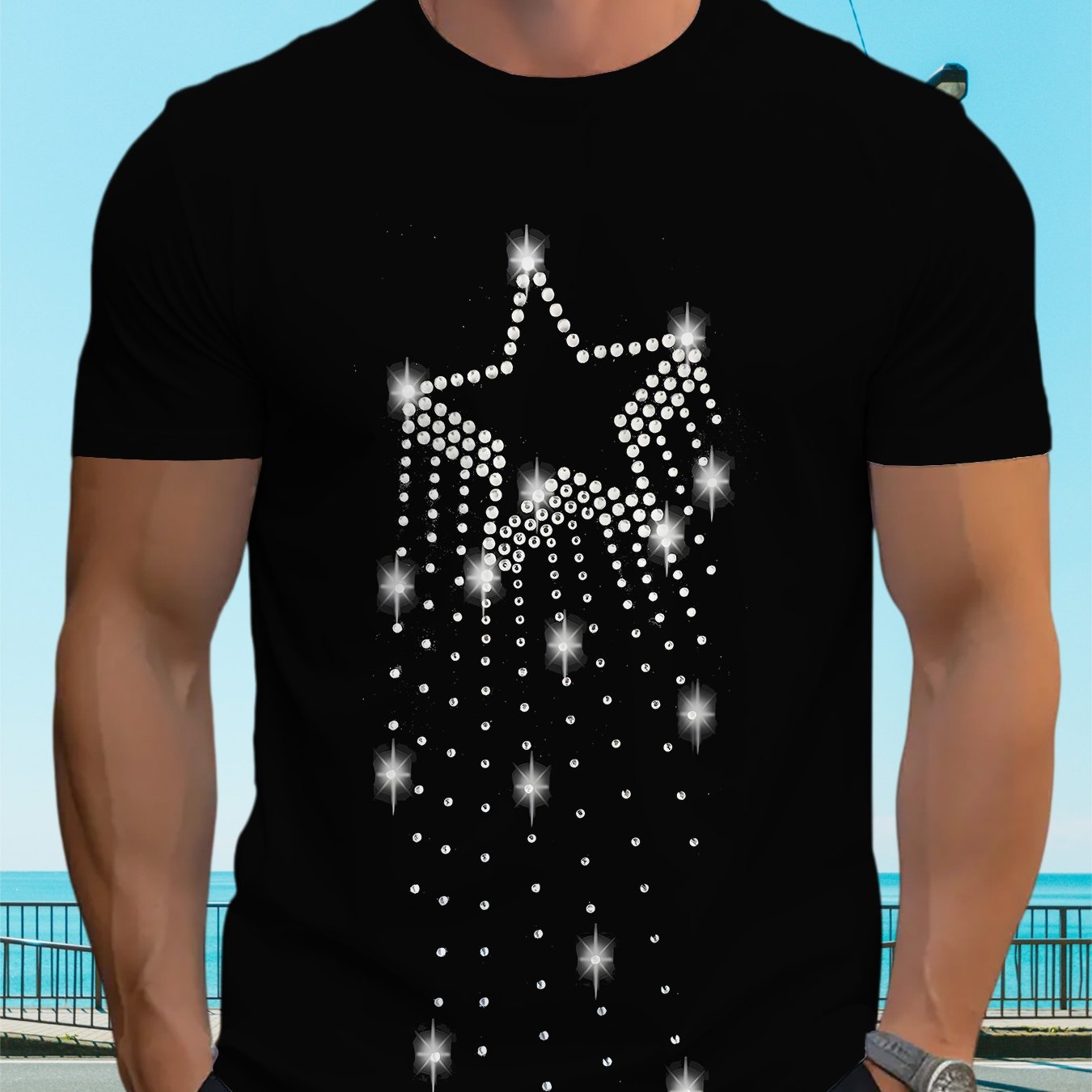 TEMU Men's Short Sleeve T-shirt Black Rhinestone Pentagram Dangling Starlight Tassel Casual Top (printed Design - Not Textured 2d Printing)