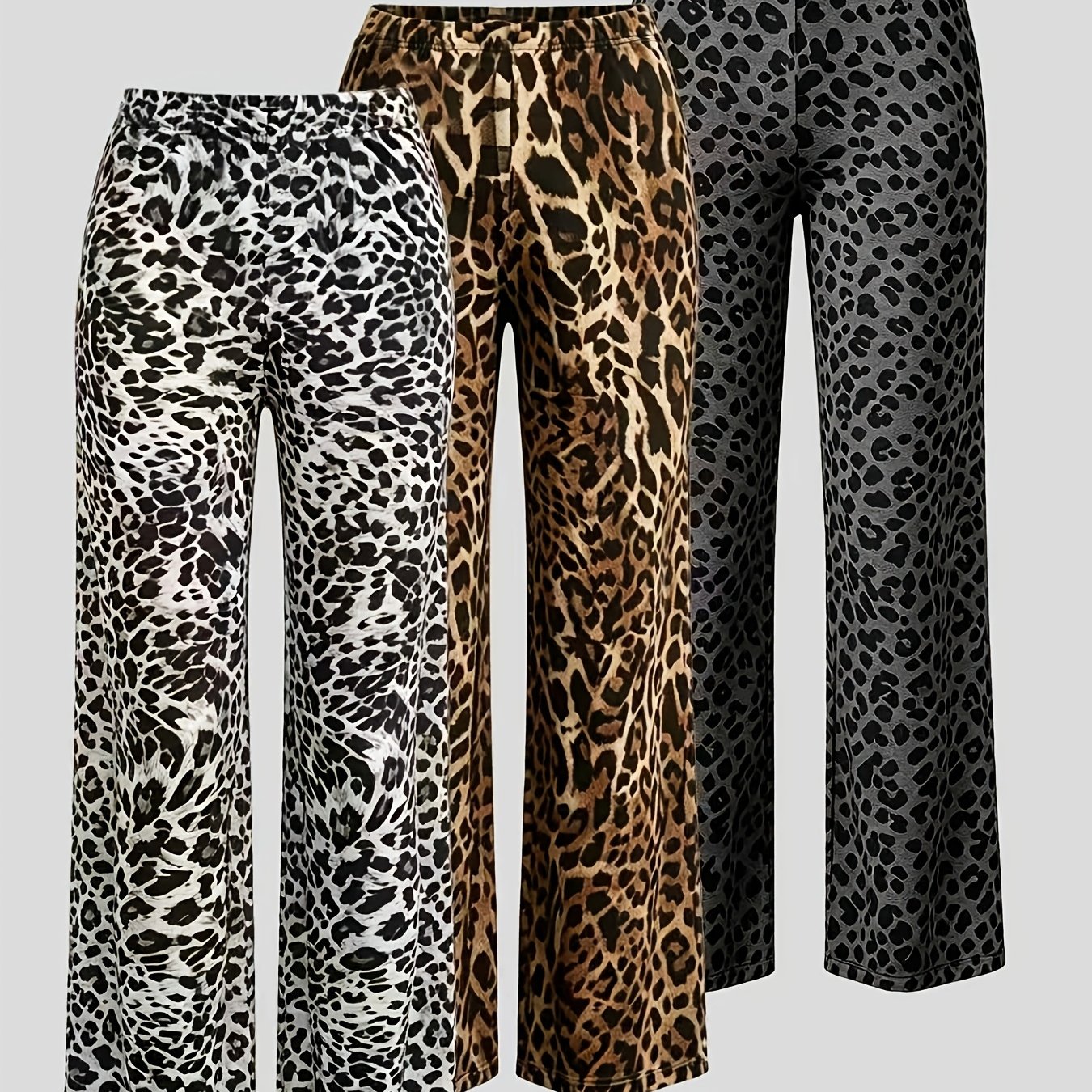 TEMU Fashionable Trendy 3pcs Set - Women's Leopard Comfortable Elastic Waist Long Pants, Trousers