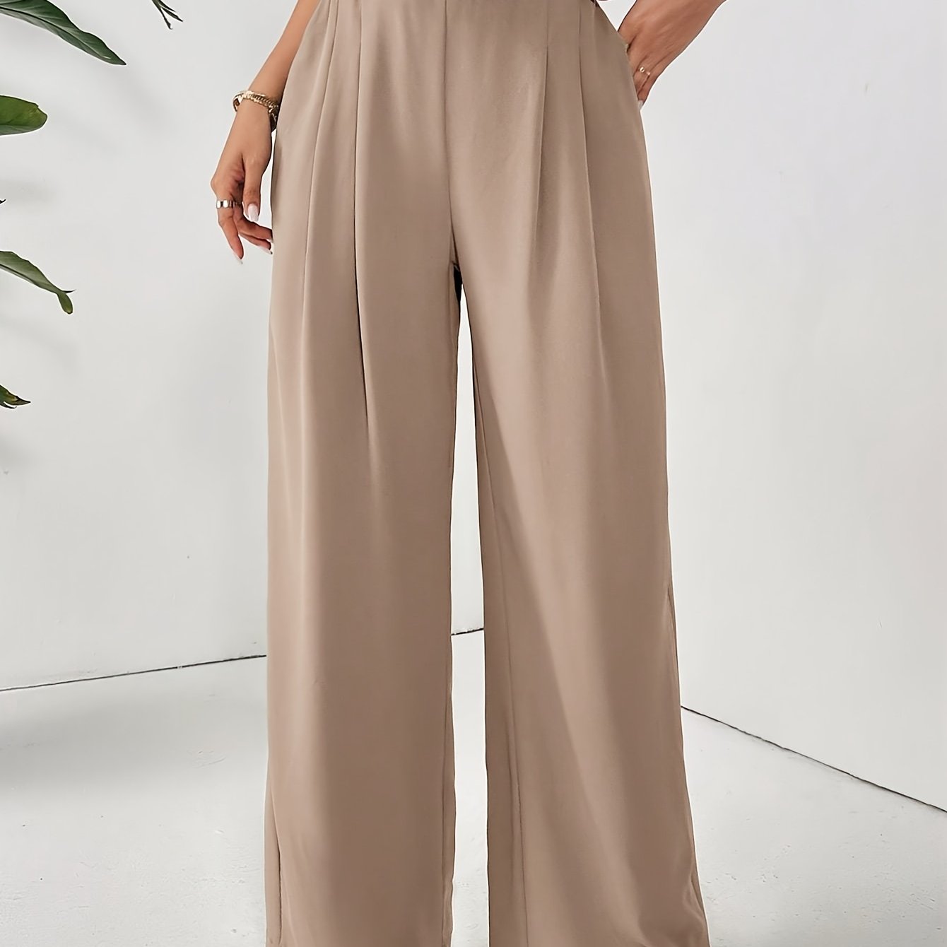 TEMU Women's High-waist Wide Leg Pants - Light Gray, Casual & Comfortable With Pleated Design, Spring/summer, Comfortable Leisurewear | Pleated Wide