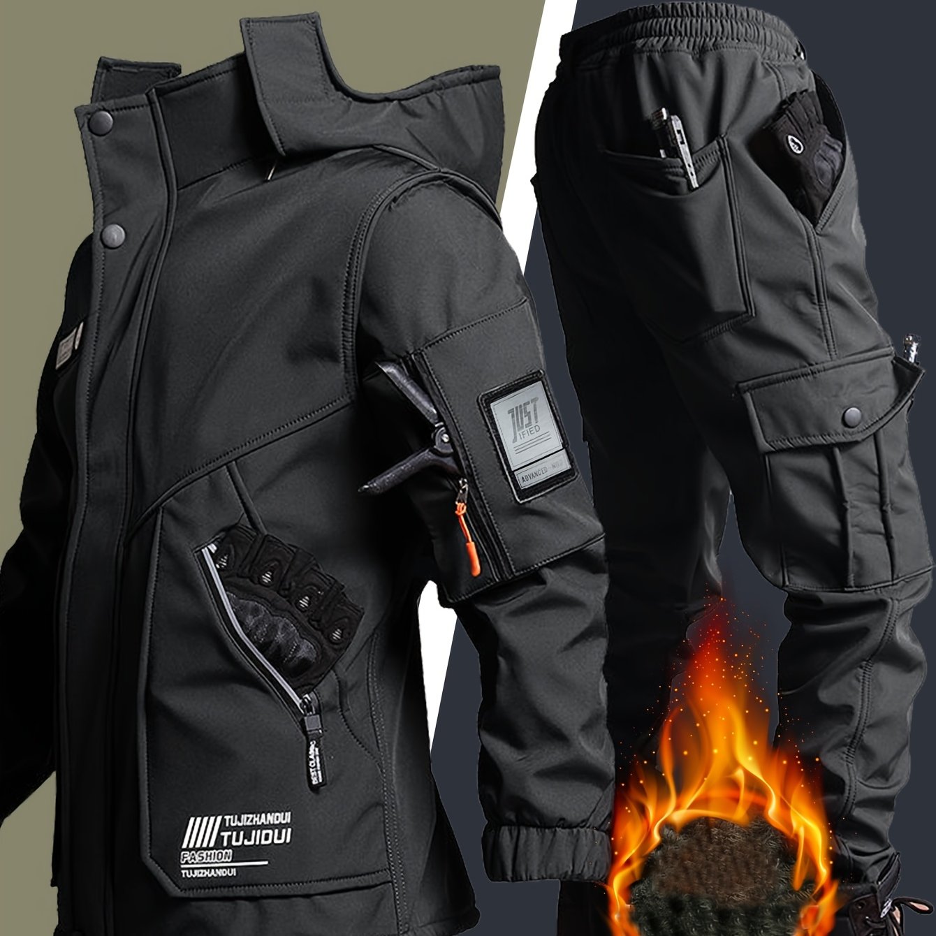 Men's Thick Fleece Winter Warm Set, Workwear Casual Jacket With Hooded Zipper, Multi-pocket Jacket, Casual Autumn And Winter Men's Jacket, Long Pants, Fleece Set, Warm Outdoor Hiking, Wear-resistant