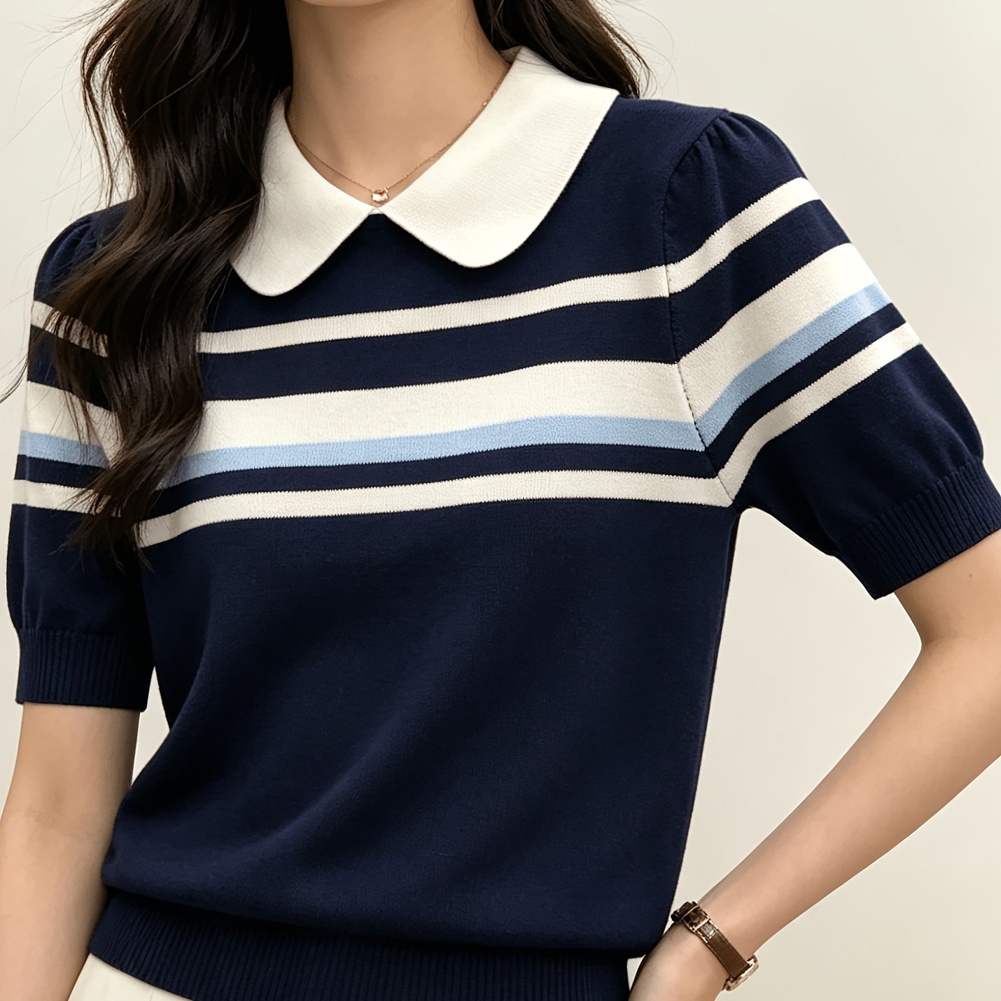 TEMU 하이엔드 컬러 블로킹 셔츠, 통기성 좋고, 반팔 상의, 부드러운 스타일, 젊어지는 효과, 다재다능한 성격, 라펠, 슬림핏, 스타일