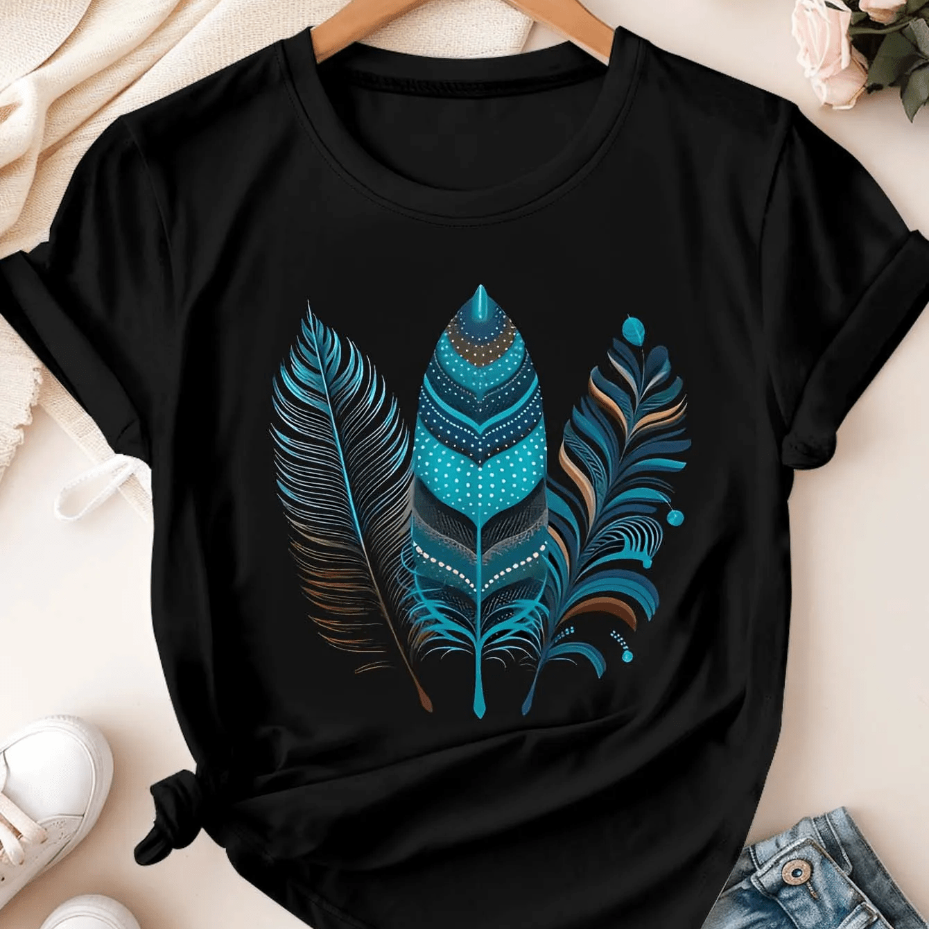 Image of Plus Size Short-sleeved T-shirt With Colorful Feather Print, Bohemian Style, Comfortable. Summer Streetwear Graphic T-shirts Y2k Big And Tall