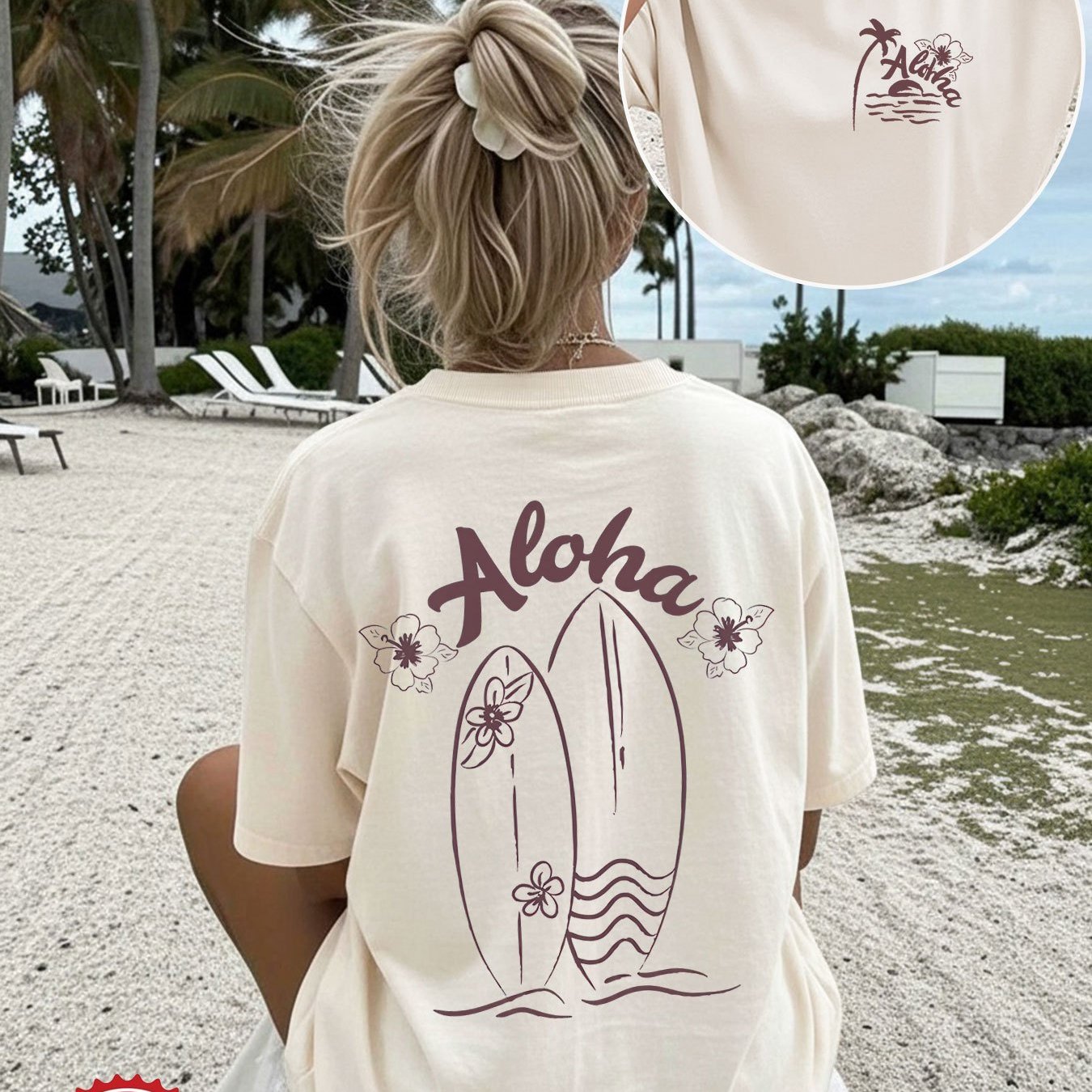Image of [double-sided Print] Summer Loose Casual Women's Top, Hawaiian Style, Surfboard And Floral Aloha Print Round Neck Short Sleeve Drop Shoulder Pure Oversized T-shirt