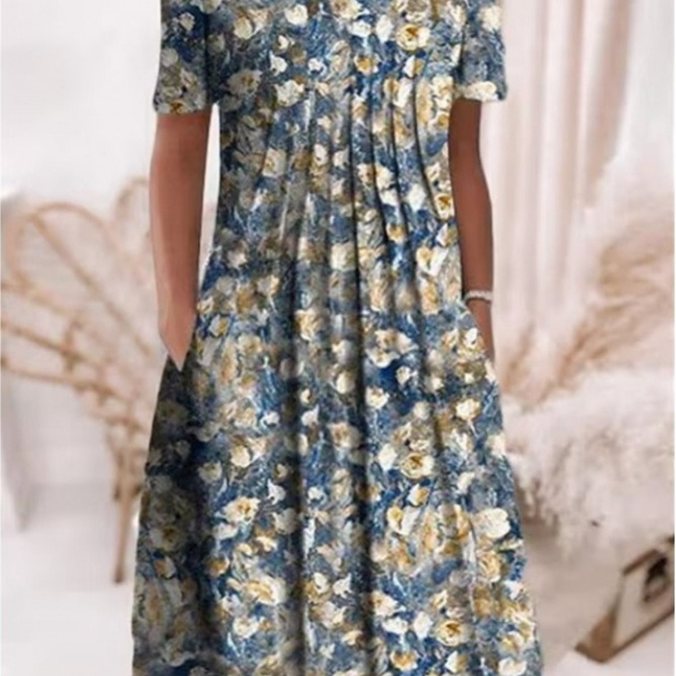 TEMU Floral Round Neck Pocket Midi Dress | Spring Summer Women's Casual Feminine Gown, Modern , Layered Chic Look, Relaxed