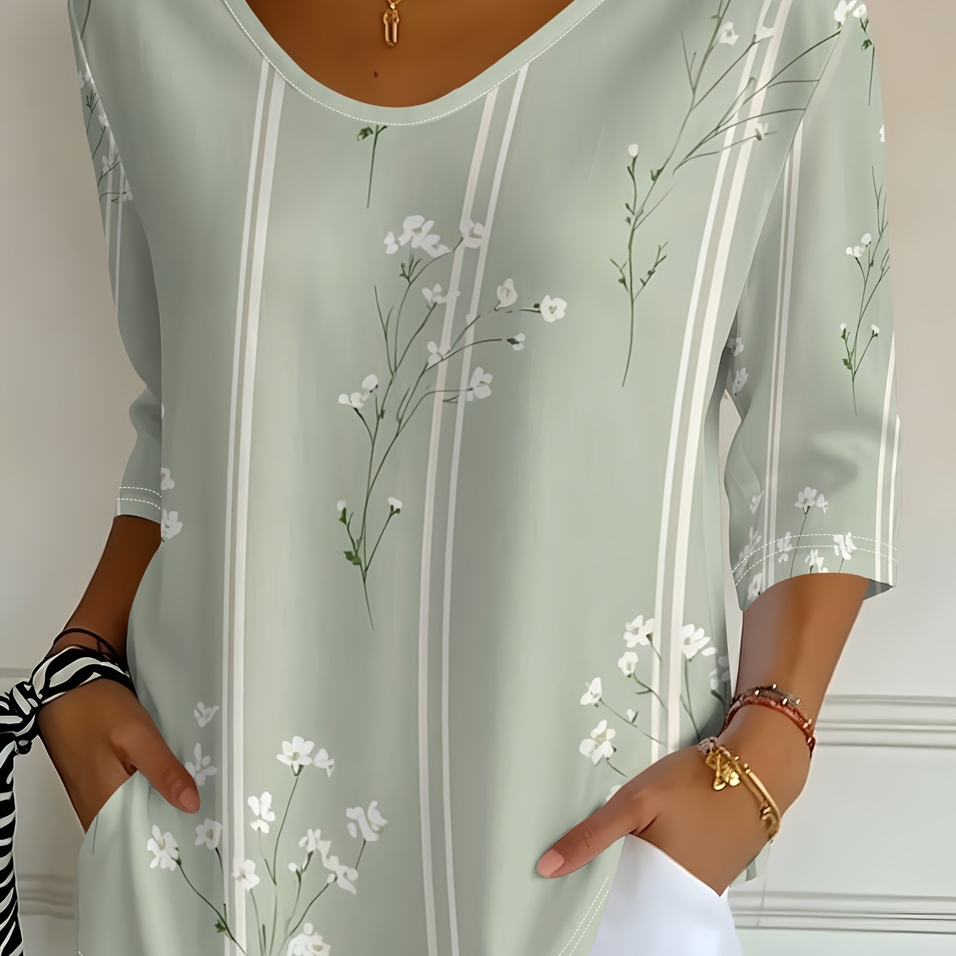 TEMU Women's New Gray Green Striped Floral Pattern Printed V-neck Three-quarter Sleeve T-shirt, Spring Autumn Casual Top