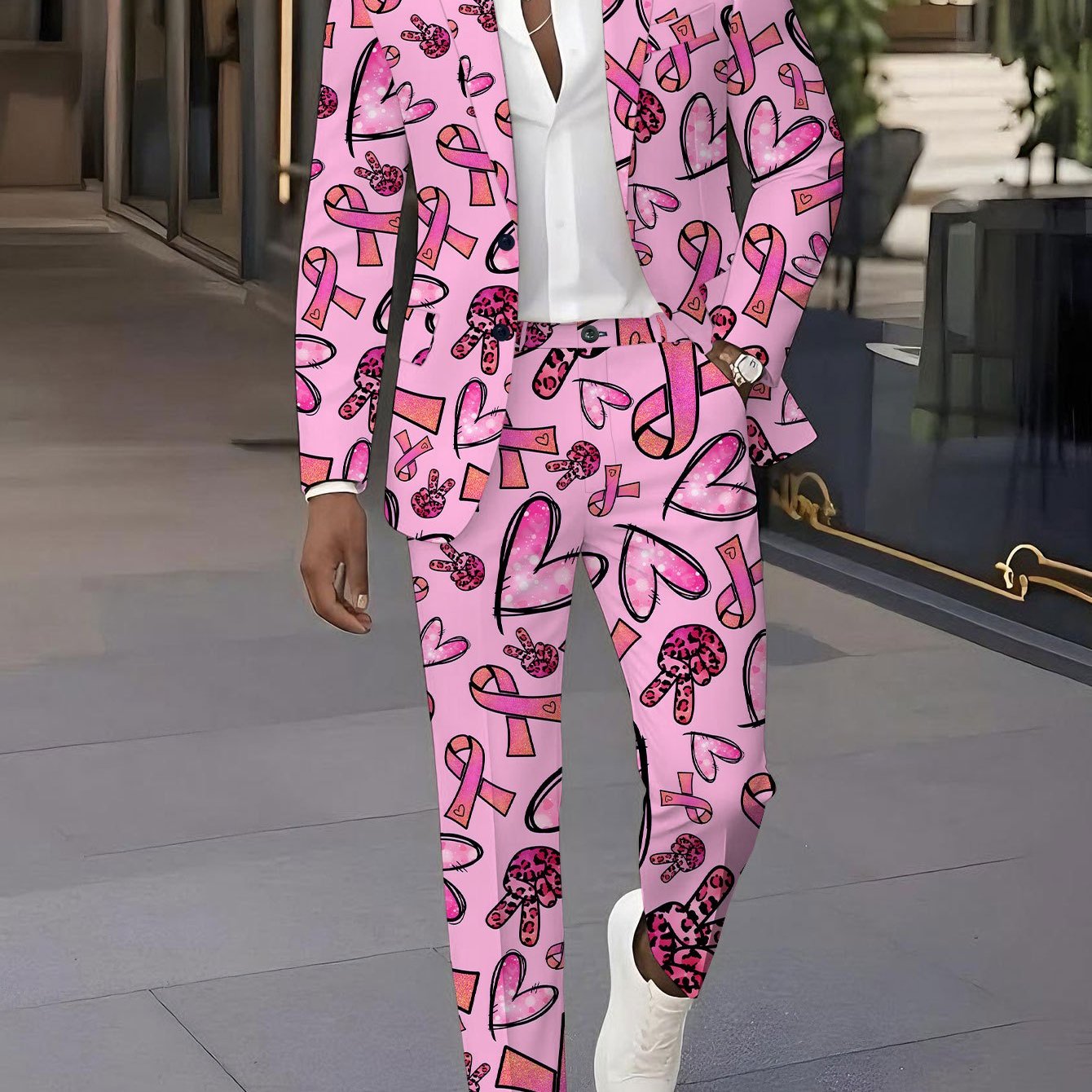 TEMU Men's Suit Set With , Featuring A Trendy Print Blazer And Pants Combination. This Classic Outfit For Events Like Weddings And Parties In A Pink