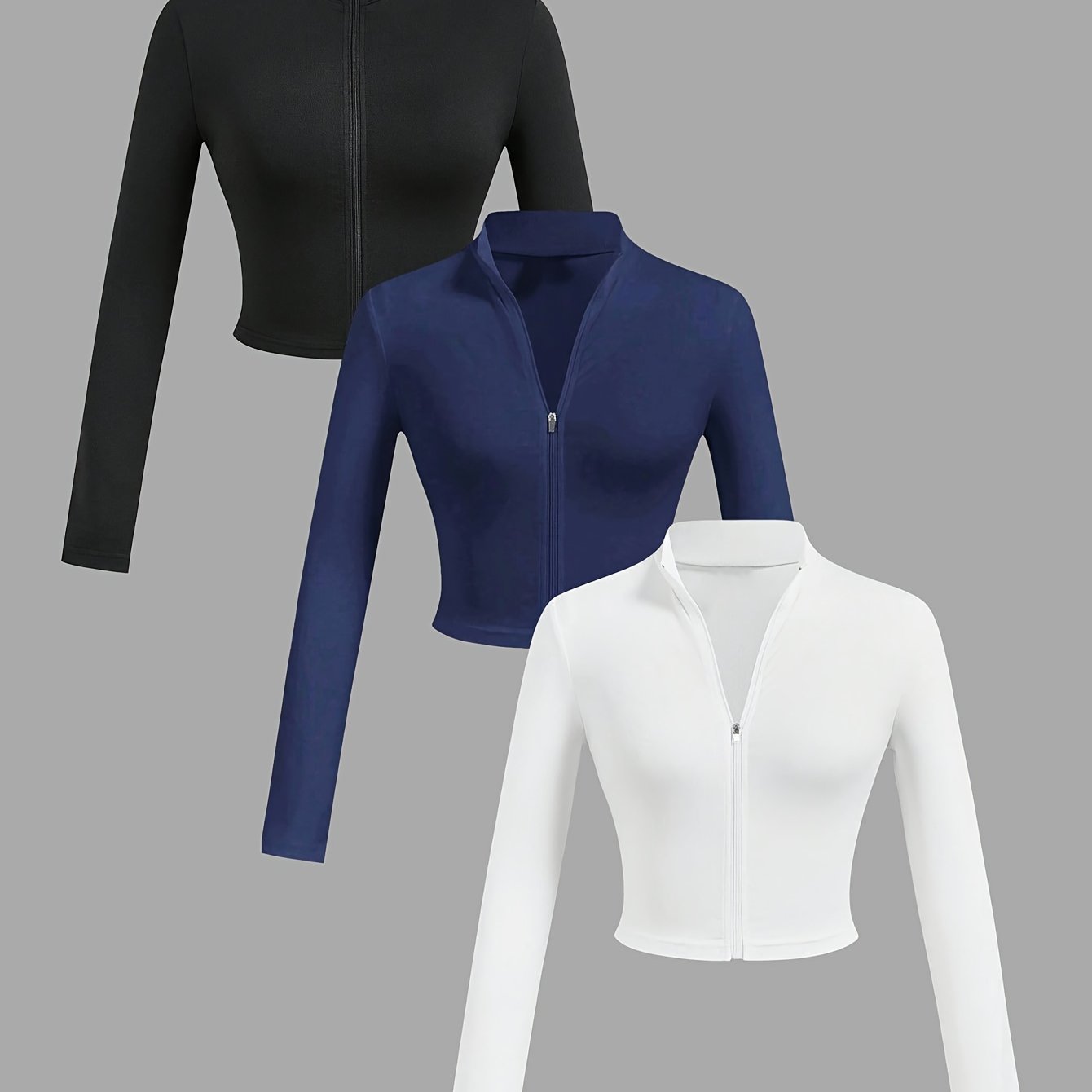 TEMU 3-delige set dames eenvoudige casual cropped T-shirt met opstaande kraag, rits en lange mouwen
