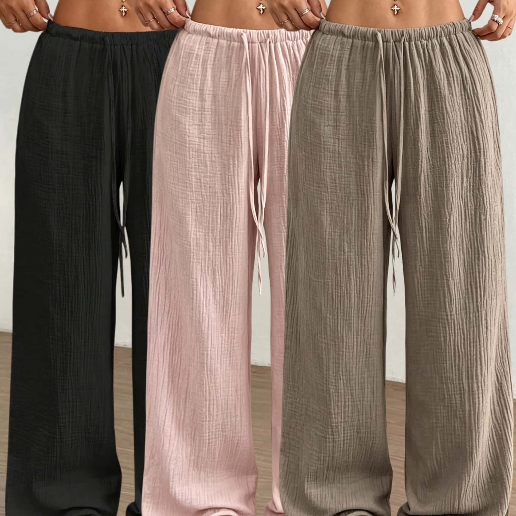 TEMU 3pcs Women's Wide-leg Trousers - Elastic Drawstring Waist & Beltless, Loose-fit Solid -length Suitable For Casual Attire, Vacations, Office,