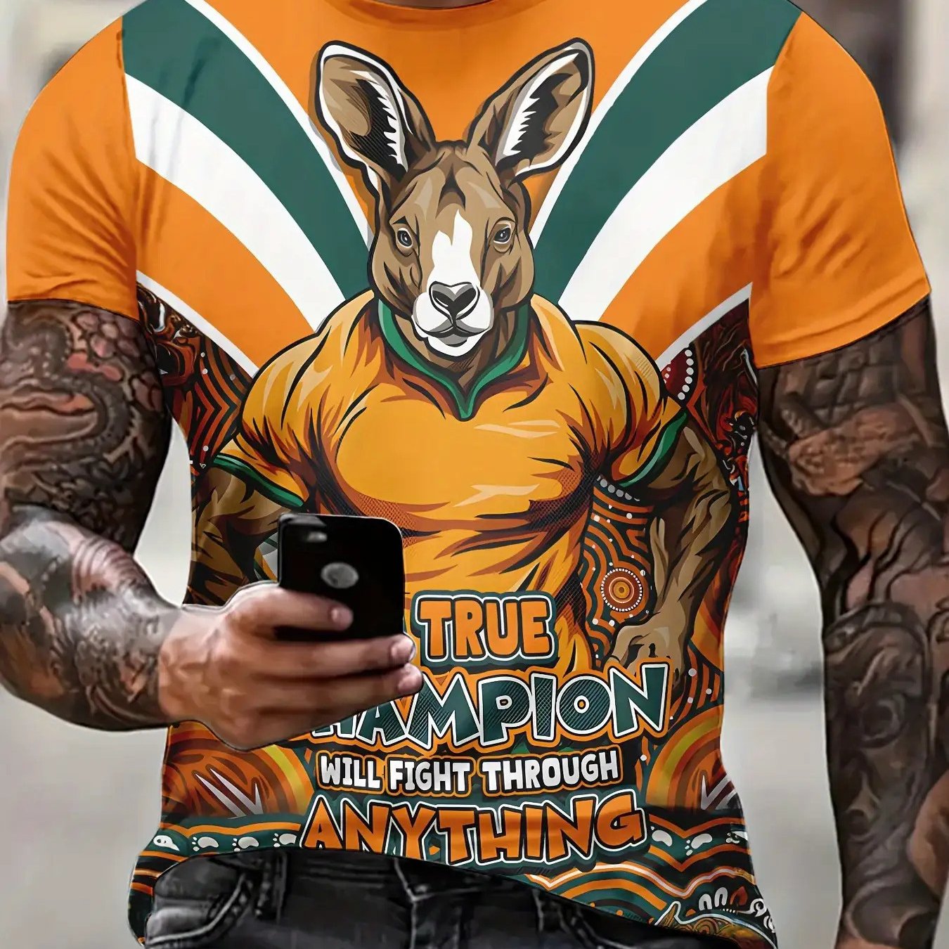 TEMU Men's 3d Kangaroo Pattern T-shirt With "true " Slogan And Australian Flag Colors - Breathable Short Sleeve Casual Shirt, Comfortable Crew Neck,