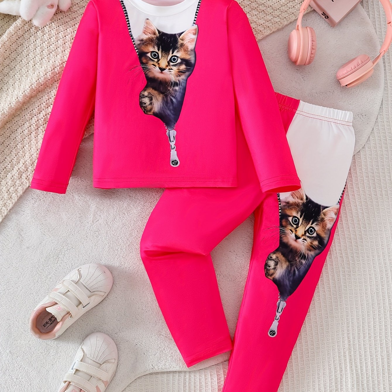 Girls' 2pcs Set: Print T-shirt With Cat Print Pants, For A Children's Gift, Perfect For Outdoor