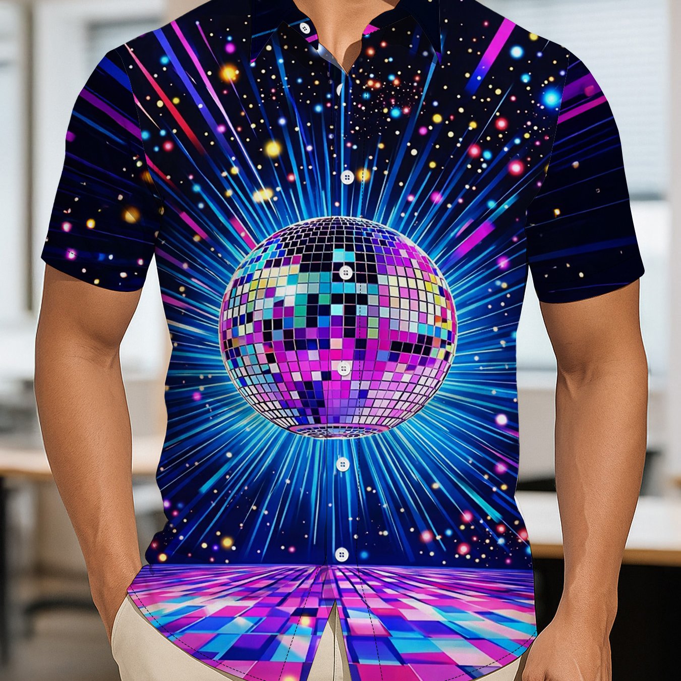 TEMU Fashionable Disco Ball Pattern Short-sleeve Shirt With Trendy Sequins Design Comfortable Breathable Daily Casual Party Versatile Top For Men