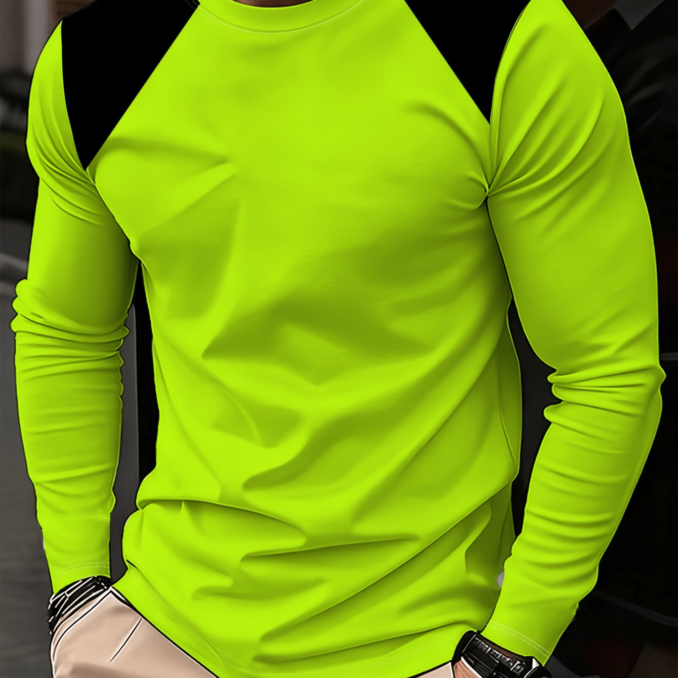 TEMU Fluorescent Green Black Shoulder Patch Round Neck Long Sleeve T-shirt, Easy Solid Color , Men's Long Sleeve Top, Print Design, Durable Material