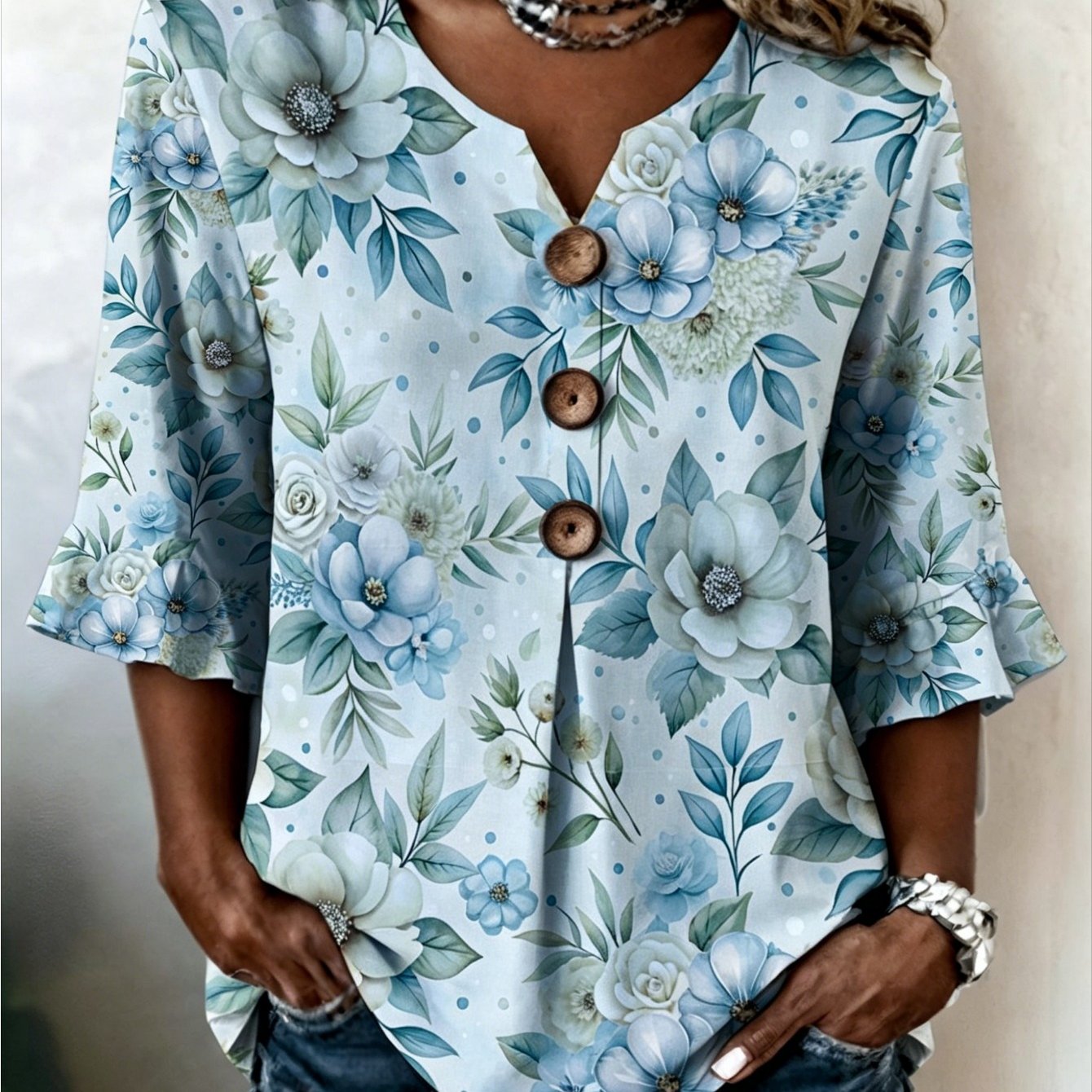 Image of Plus Size, Plus Size Women's Cream V-neck Button- Blouse Shirt - Elegant Suitable For Body Types, Machine Washable Casual & Semi-formal Top, Gift For Moms, Sisters, Daily Wear, Wardrobe Essential