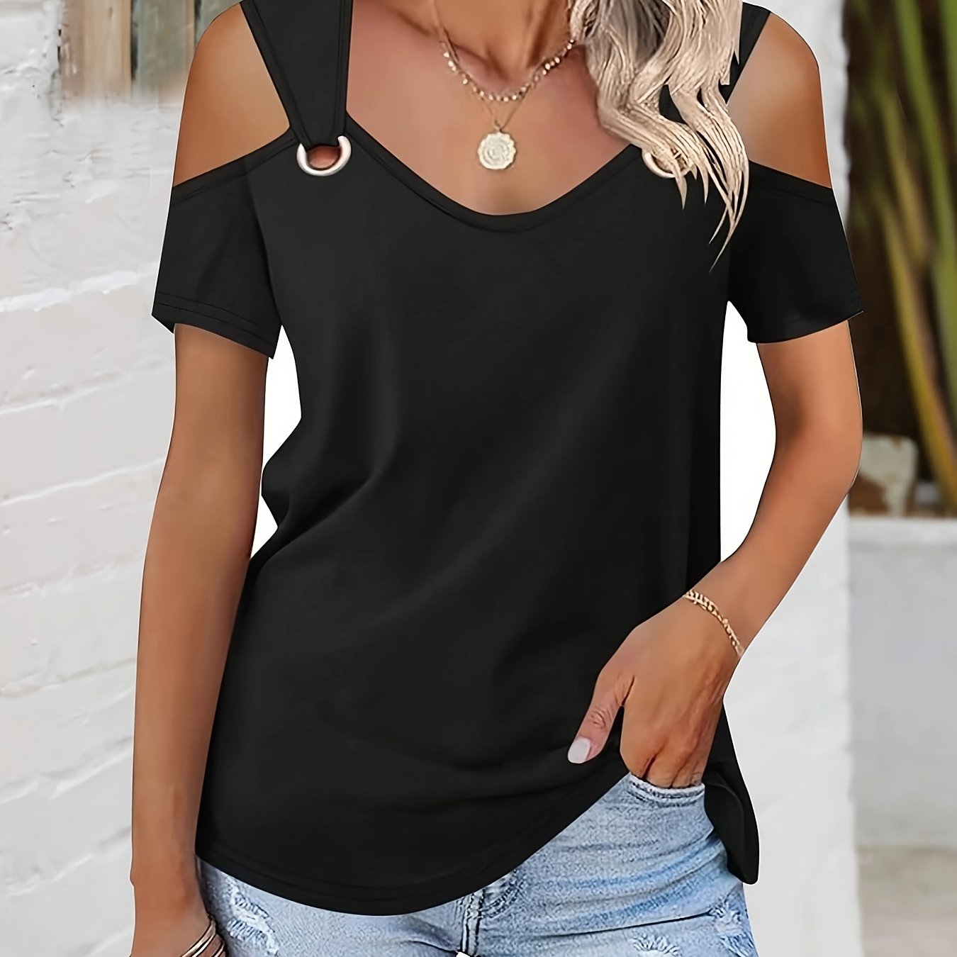 E-shop Damens Off-Shoulder V-Ausschnitt Kurzarm T-Shirt mit Großem Augen-Dekor – Leichtes, Elegantes Oberteil für Frühling Sommer Herbst,