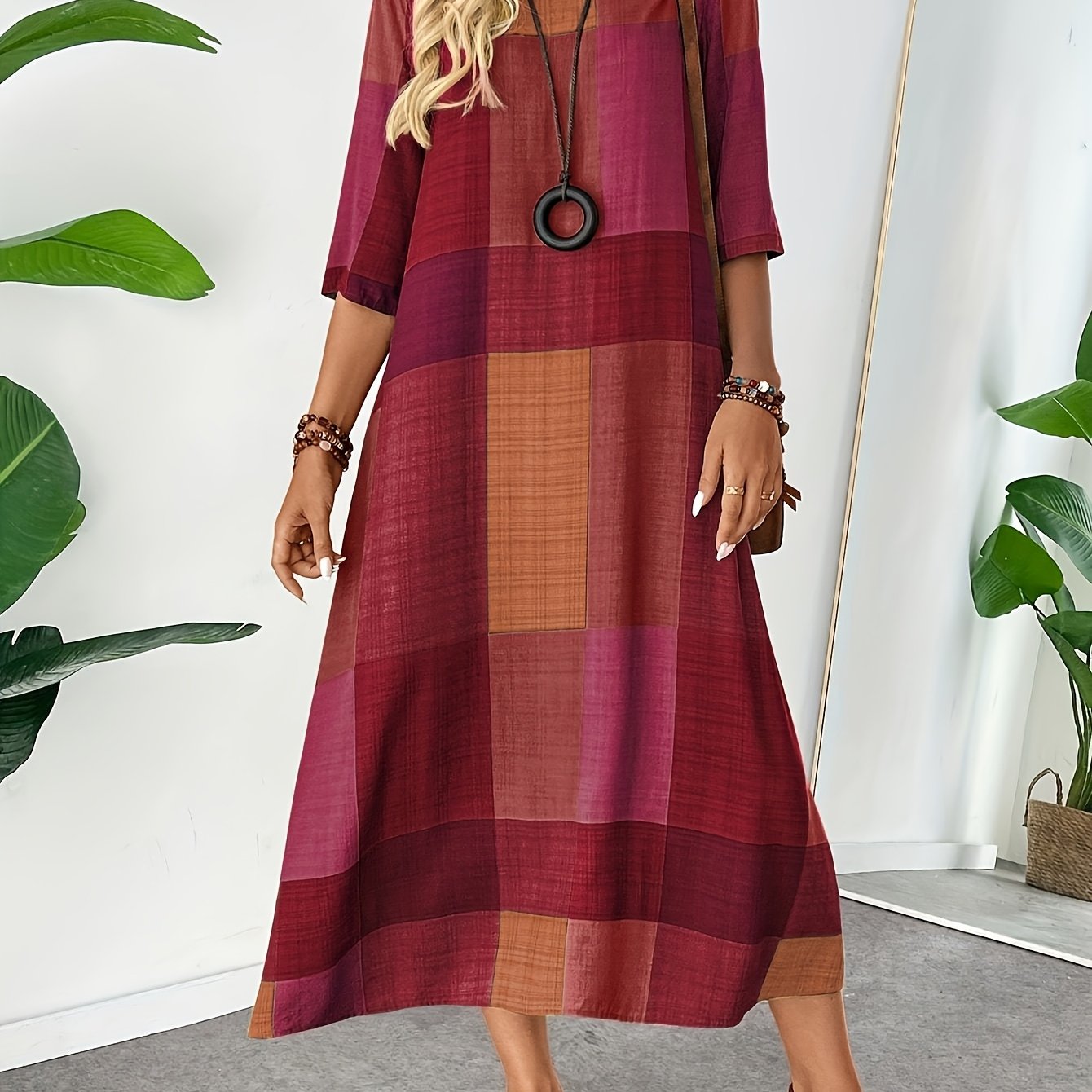TEMU Women's Blue & White 3/4 Sleeve Loose Fit Maxi Dress - Breathable Machine-washable Round Neck Long Dress For Spring/summer Casual & Semi-formal Wear