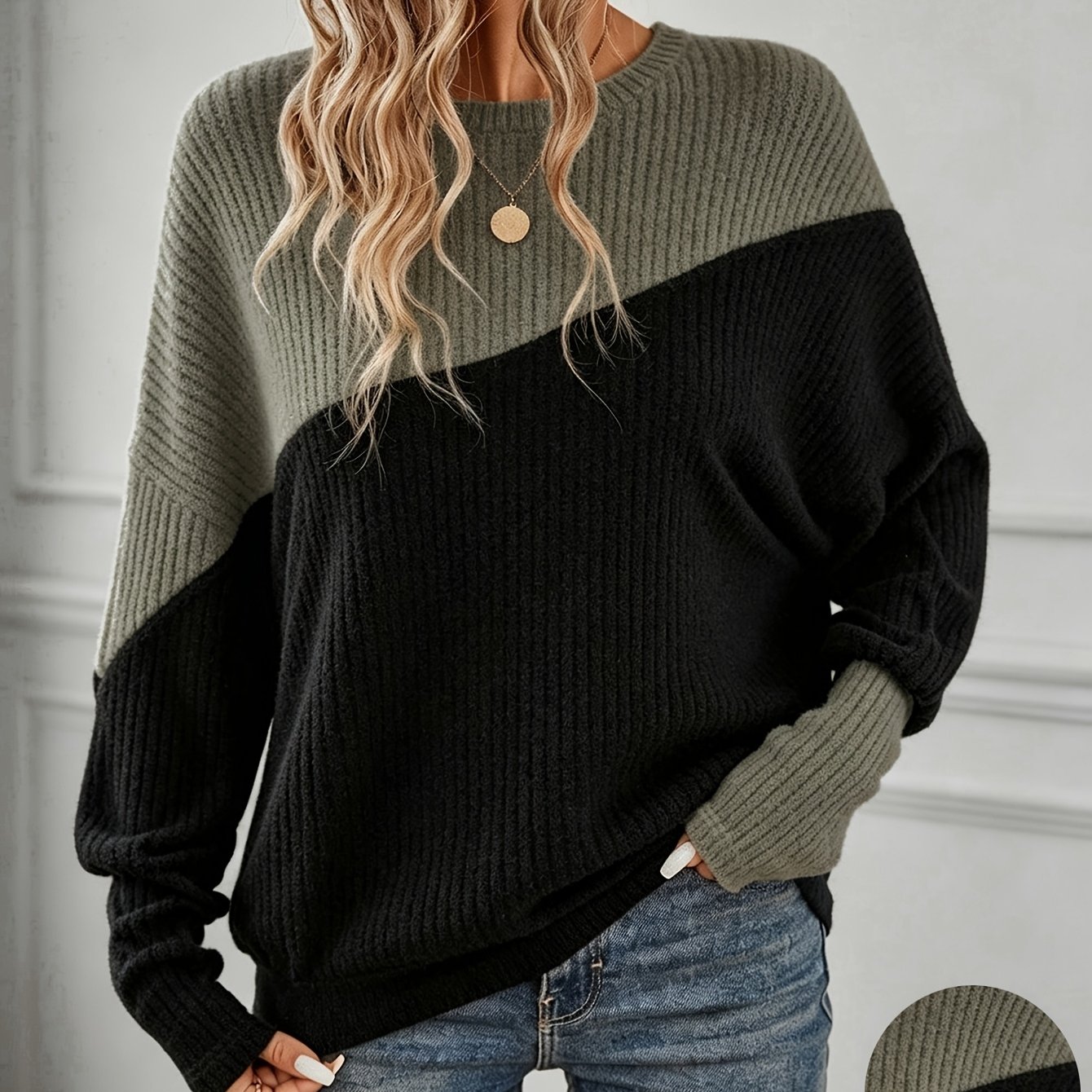 TEMU Pull d'automne pour femmes à col rond, color-block patchwork, côtes verticales, épaules tombantes, manches longues , style décontracté et , haut