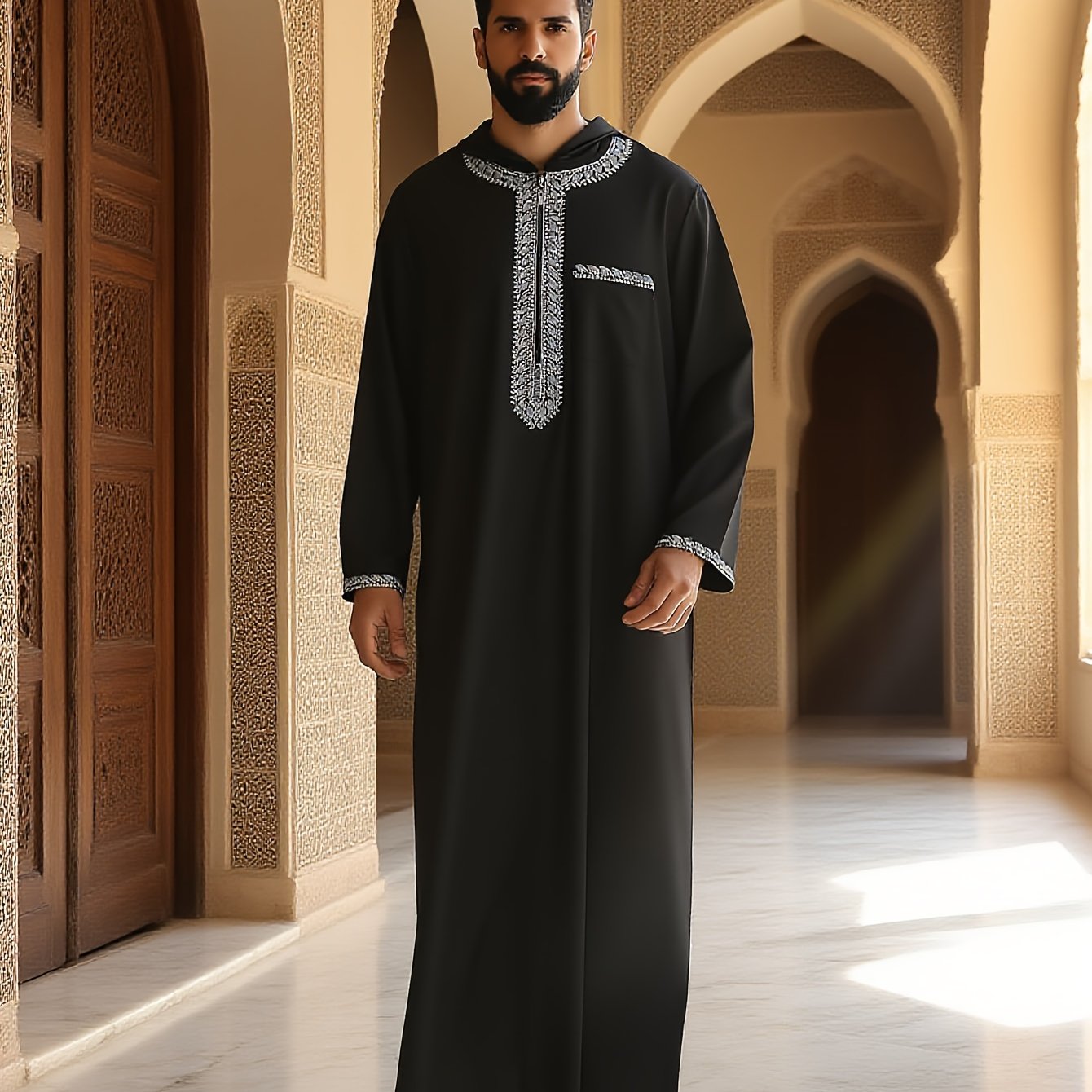 TEMU High-quality Material Fashionable Hooded Moroccan Style New Embroidery Design Men's Pan-african Traditional Cultural Clothing - Soft Long Sleeve