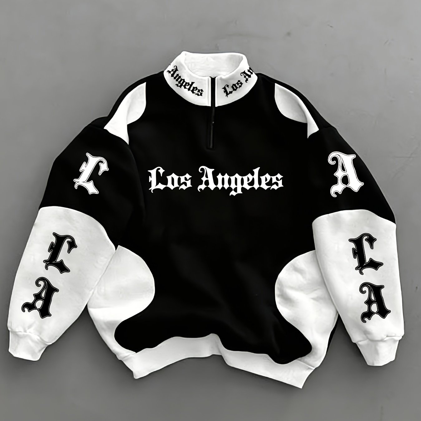 TEMU Los Angeles City Theme Print Black And White Contrast Zipper Collar Pullover Sweatshirt, Autumn Essentials