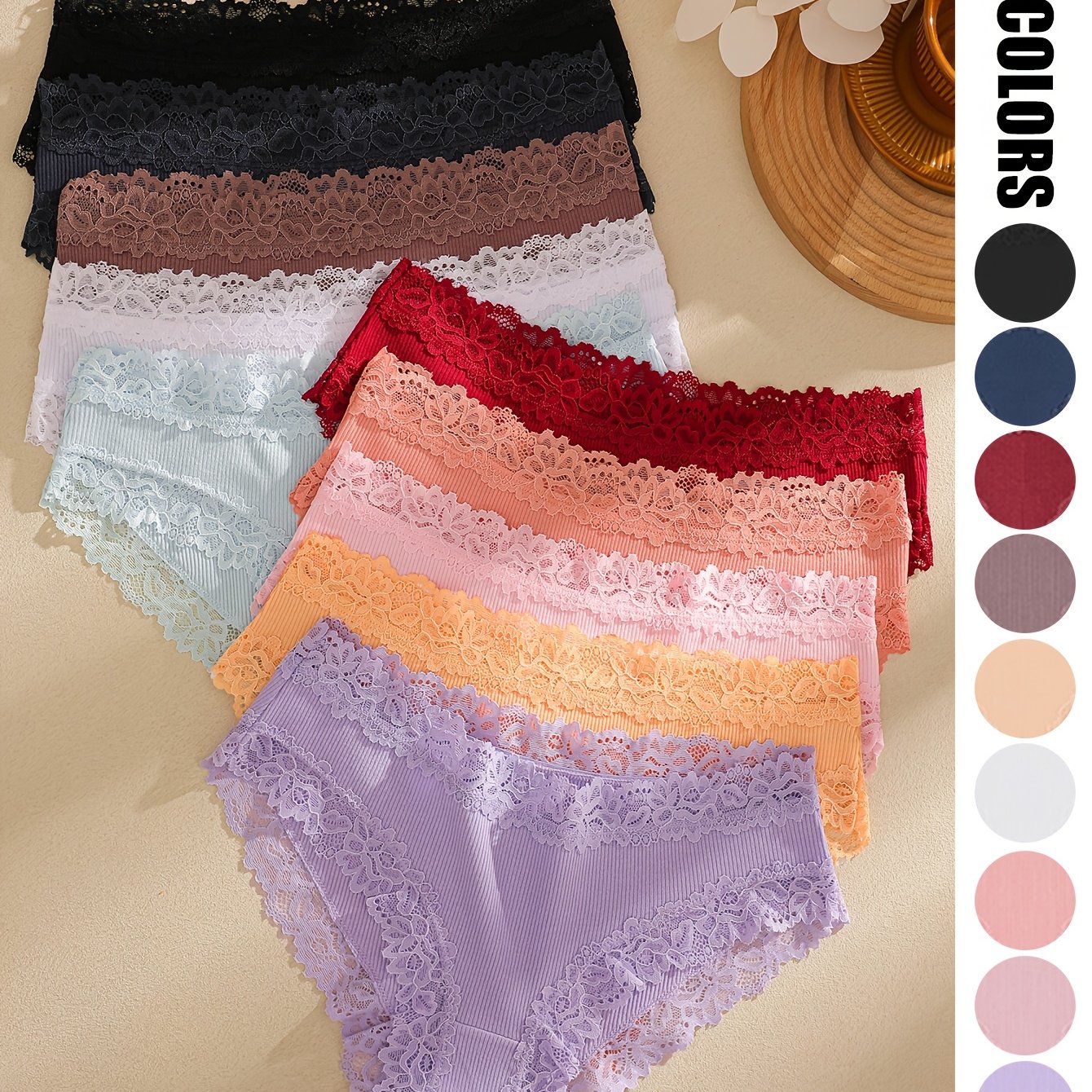 TEMU 10pcs Women's Elegant Lace Underwear - Solid Color Briefs With Lace Trim, Soft Breathable -friendly Panties Suitable For Daily Commuting,